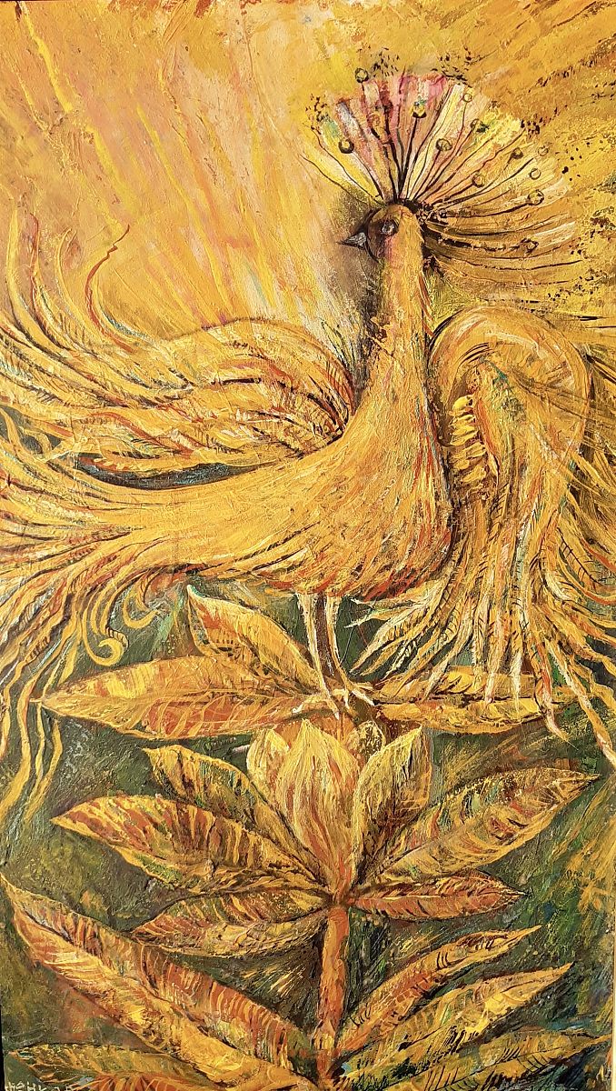暖色调的鸟丙烯画.
