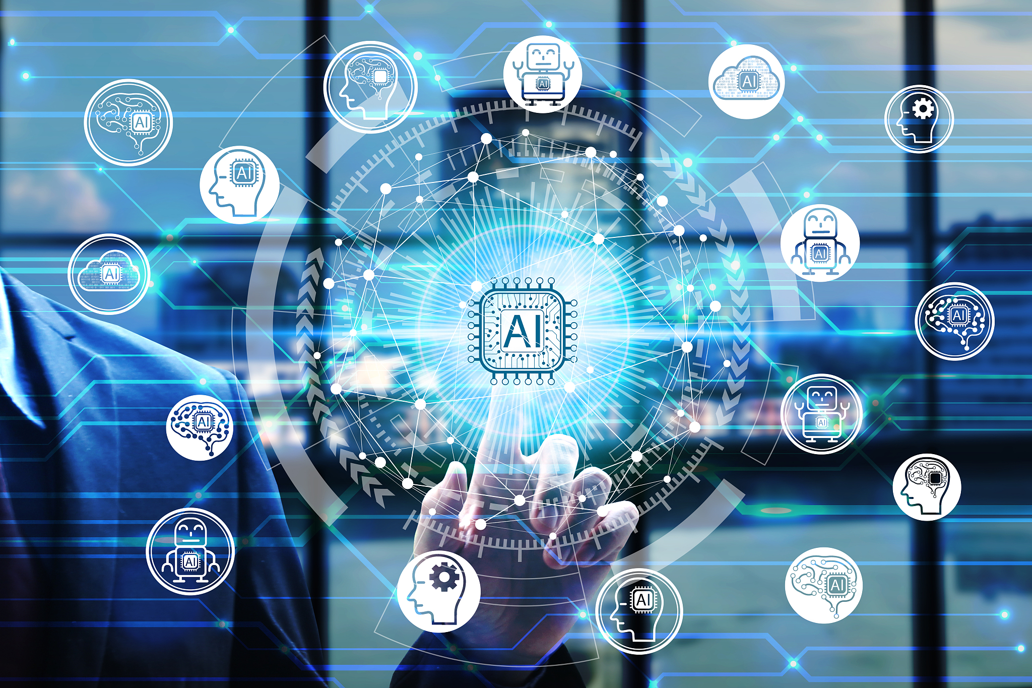 businessman hand touching virtual screen artificial intelligence