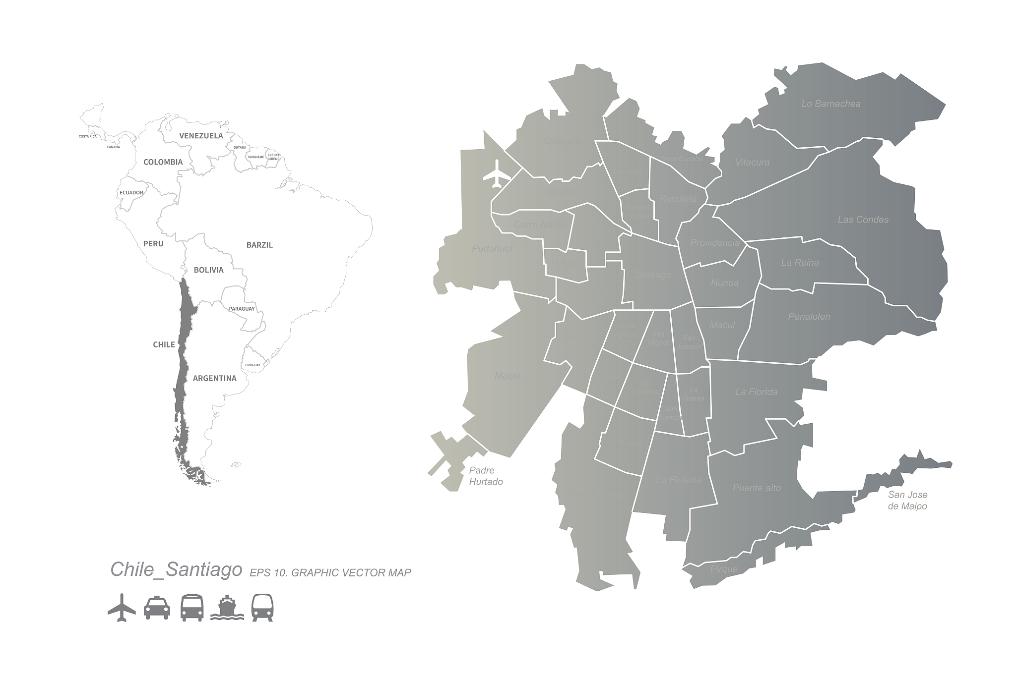 chile map. santiago, chile in south america country map.