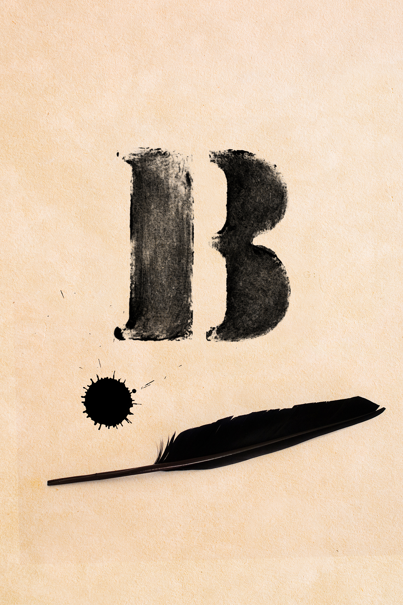 old black, frayed grunge b letter, inkblot and black feather