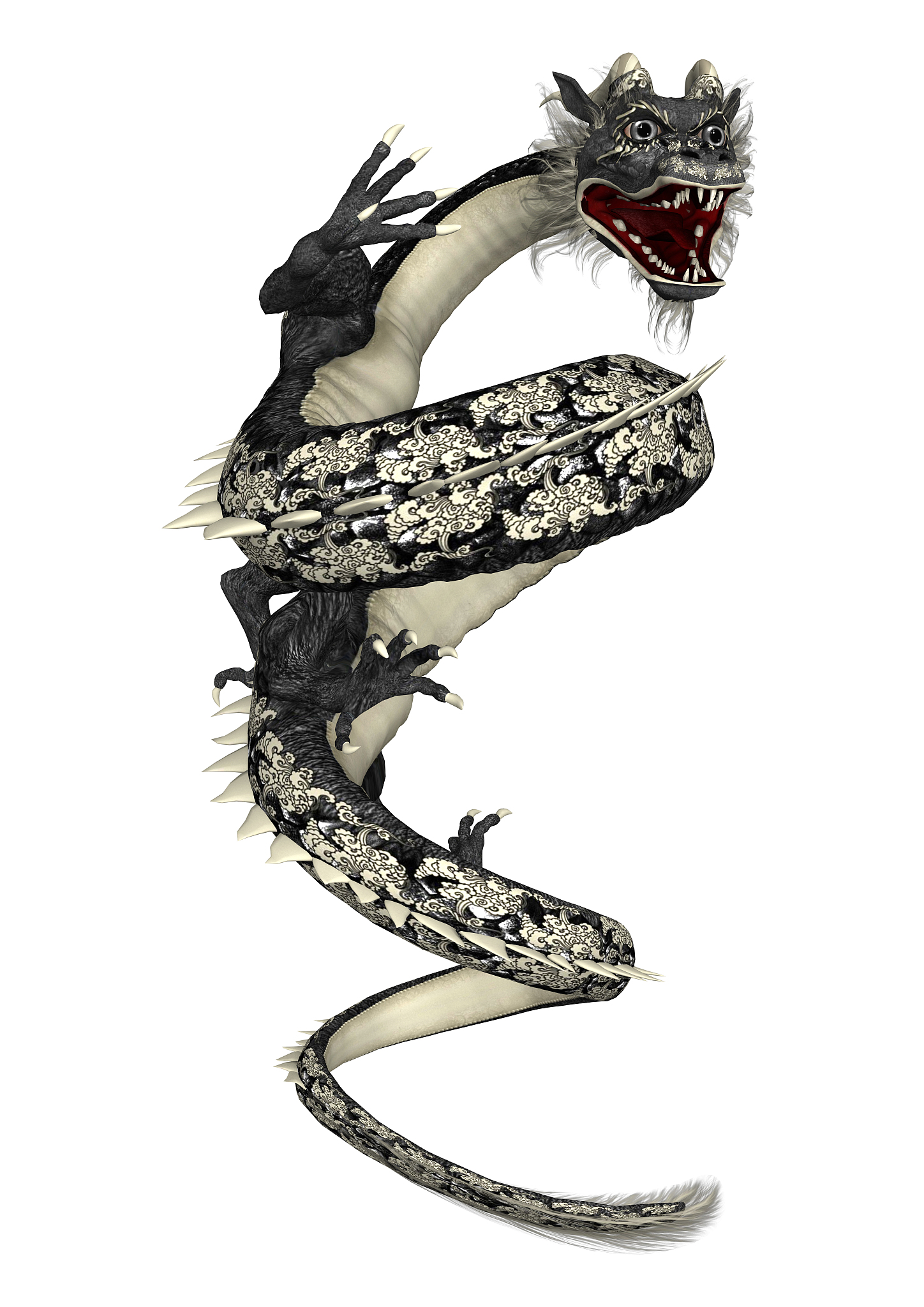 3d rendering black eastern dragon on white