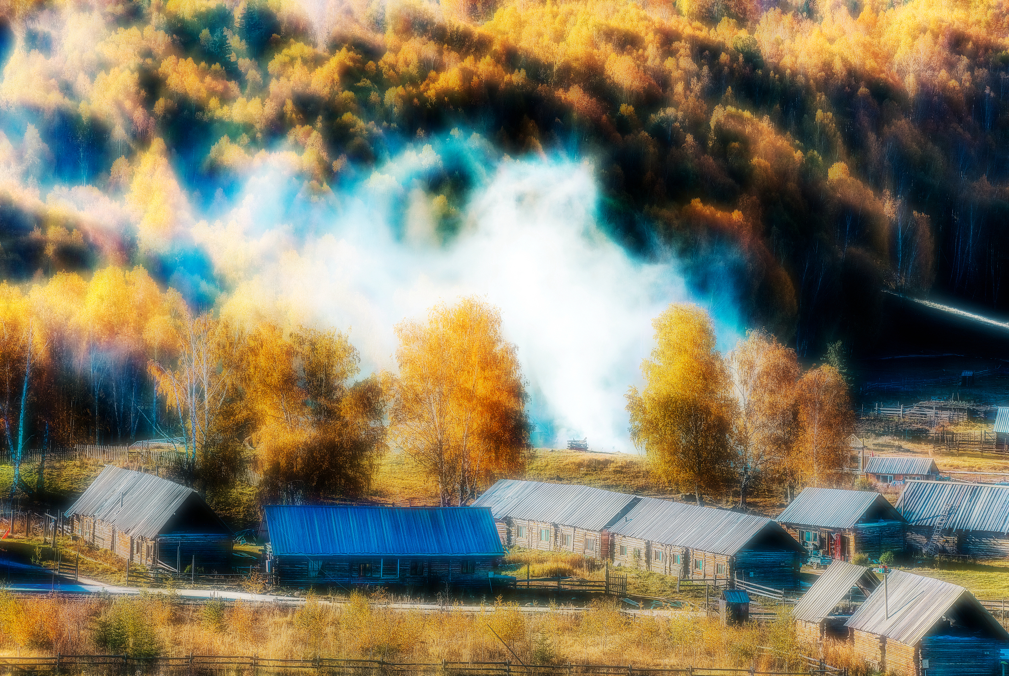 请用100字描述清晨禾木景象晨雾还未散去完全笼罩了远方的白桦林村落渐渐苏醒