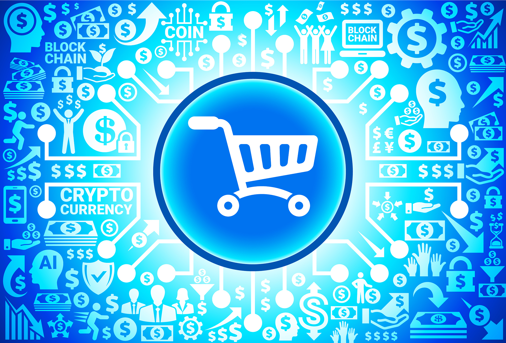 shopping  icon on money and cryptocurrency background