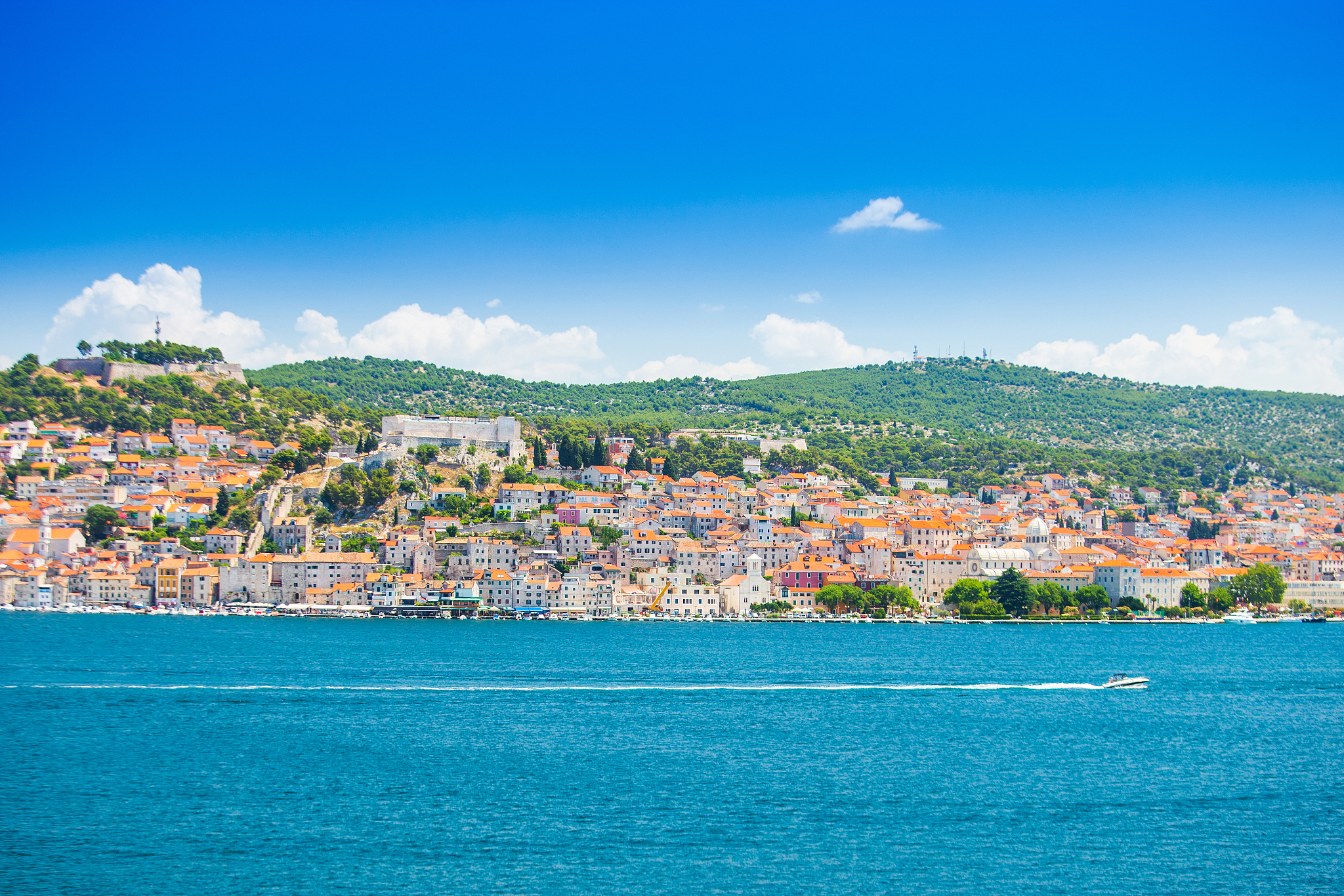 city of sibenik in croatia, panoramic view from the sea