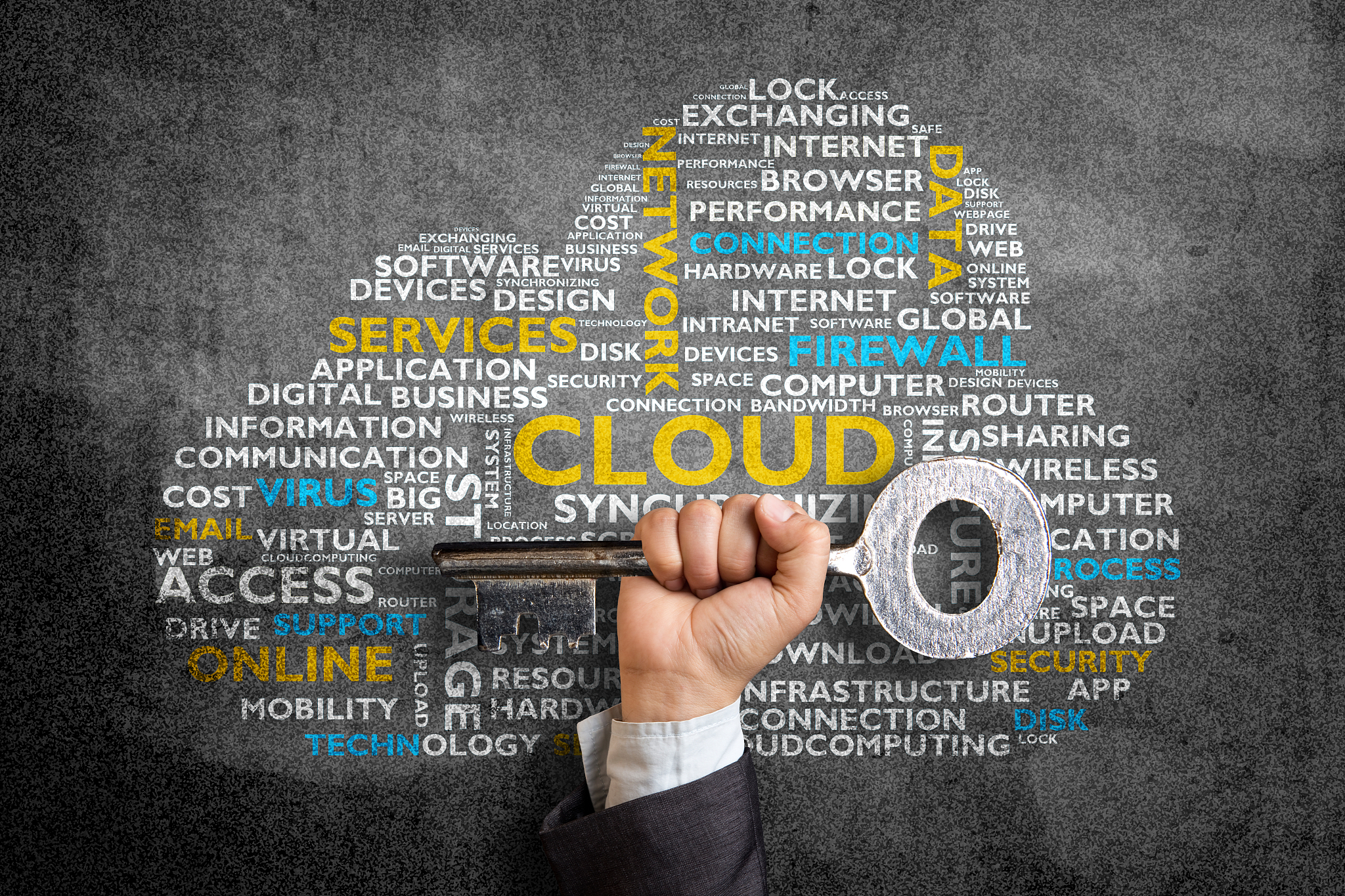 businessman holding large key in front of word cloud