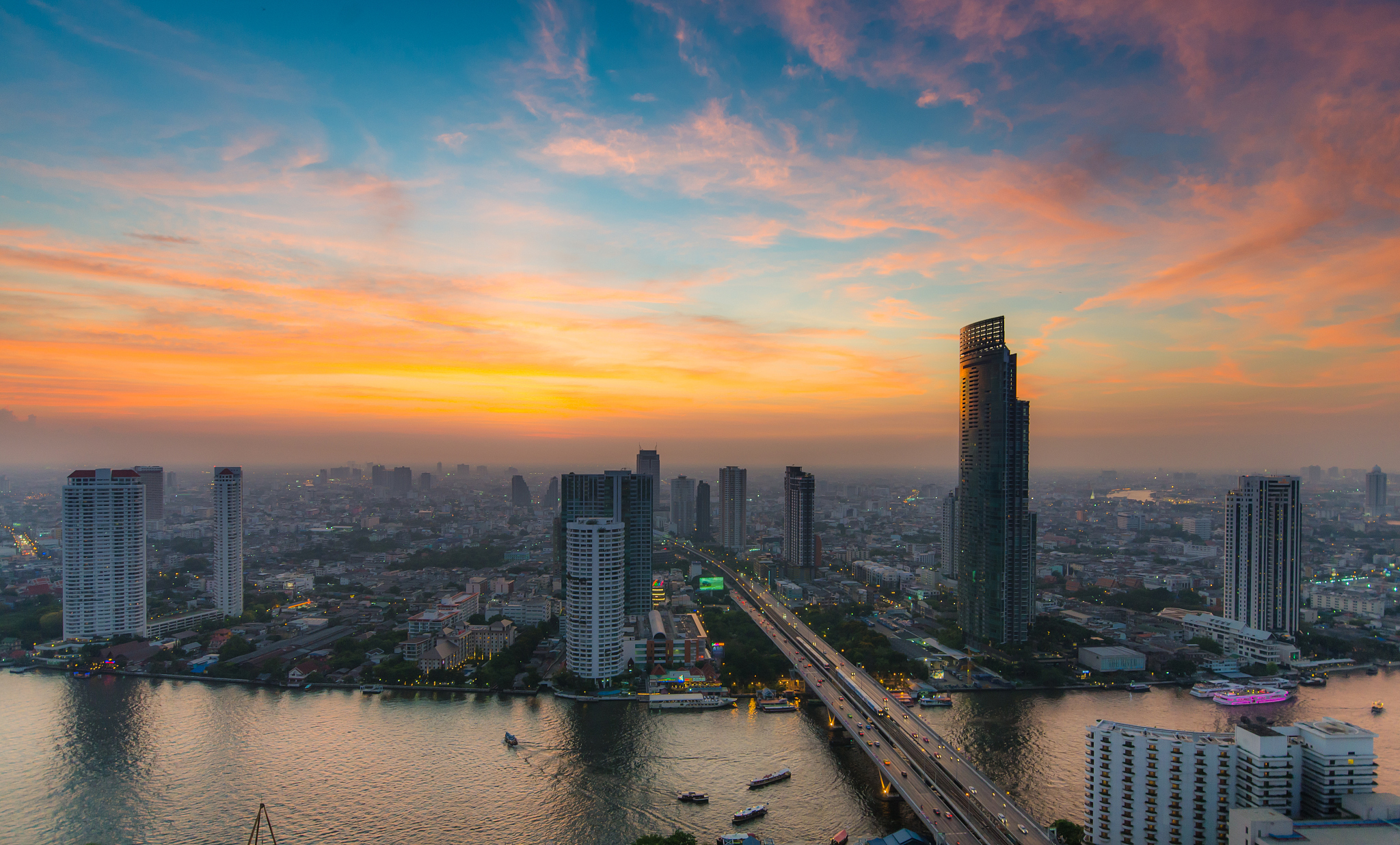 bangkok city and the river during sunset