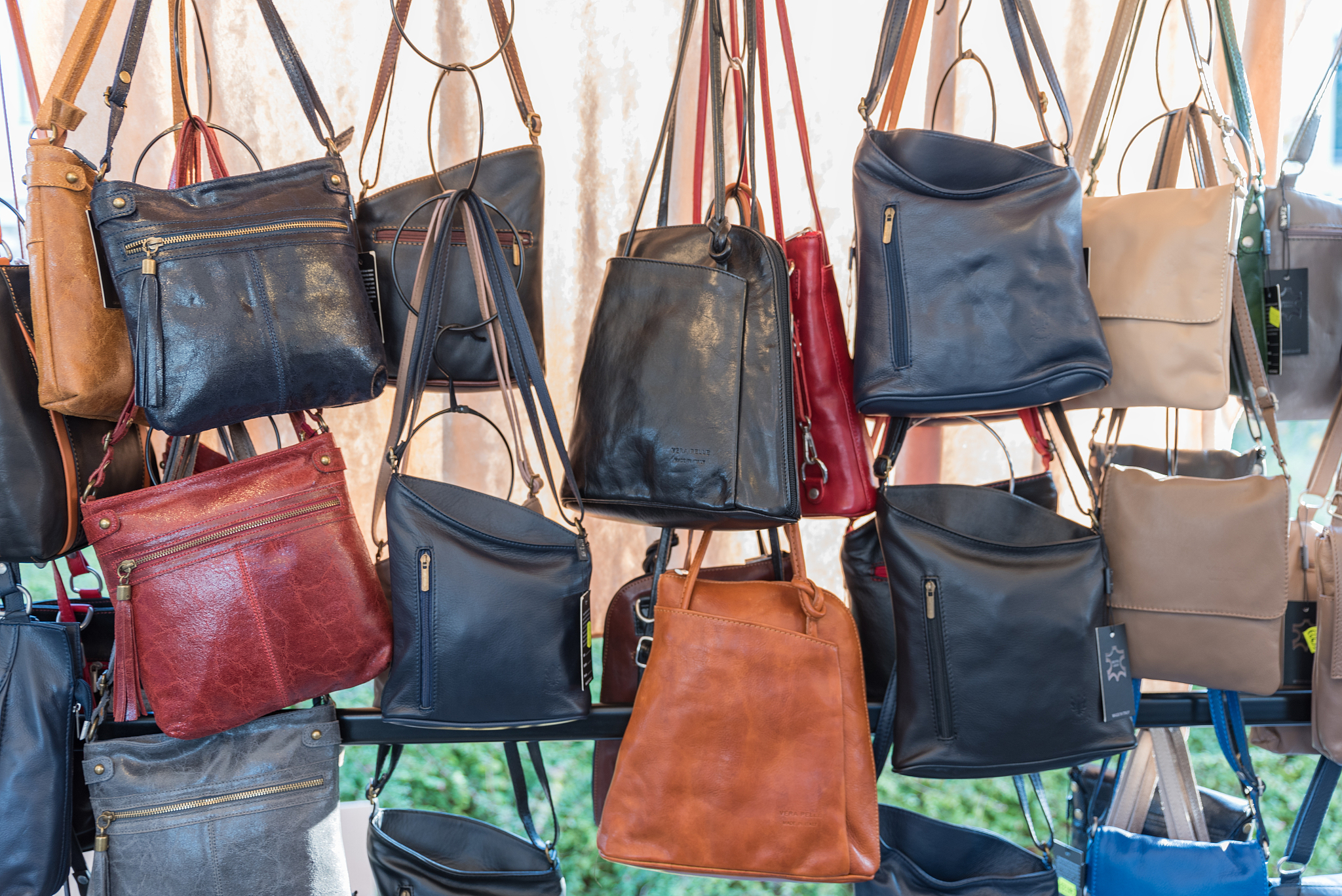 leather bags on sale at a dutch market