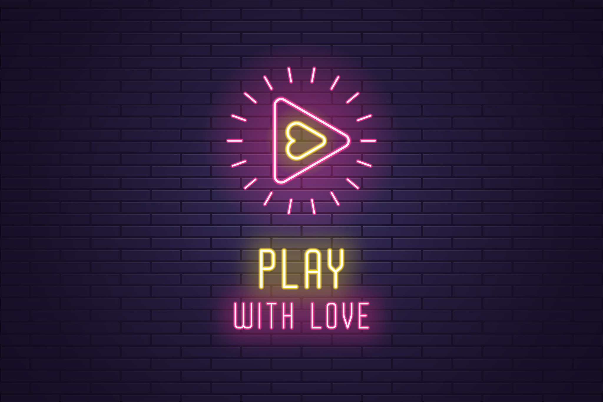 neon composition of play with love, vector sign