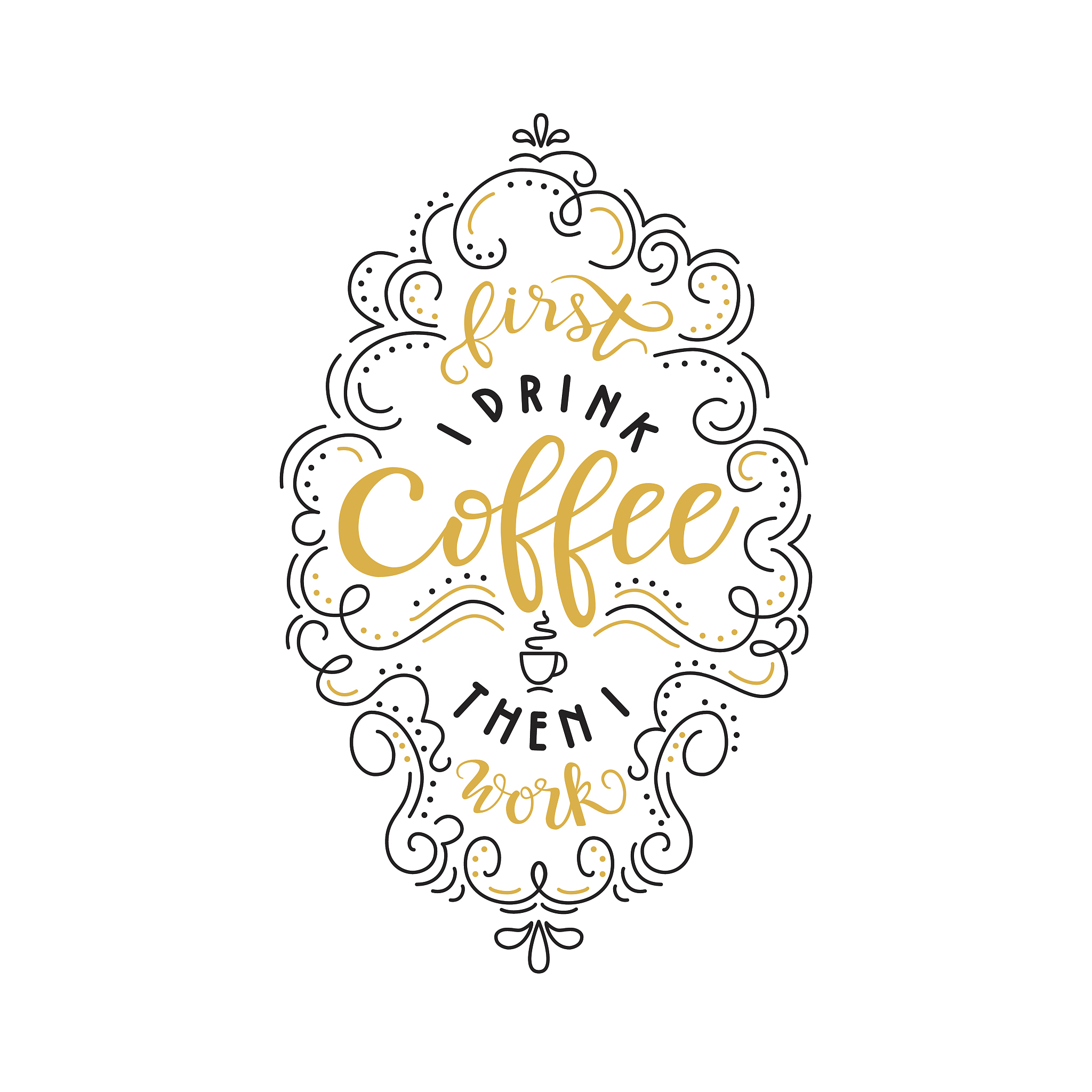 lettering quote 'first i drink coffee than i work'
