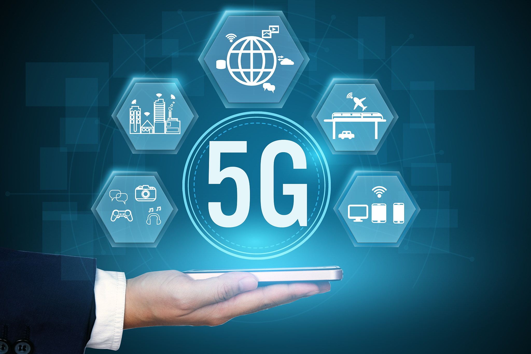 businessman holding icon of 5g communication network systems.