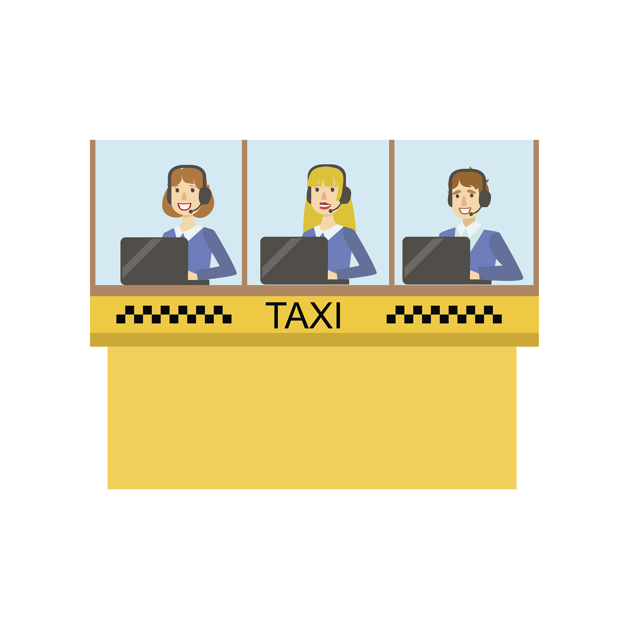 yellow glass cabin for taxi service call center with three