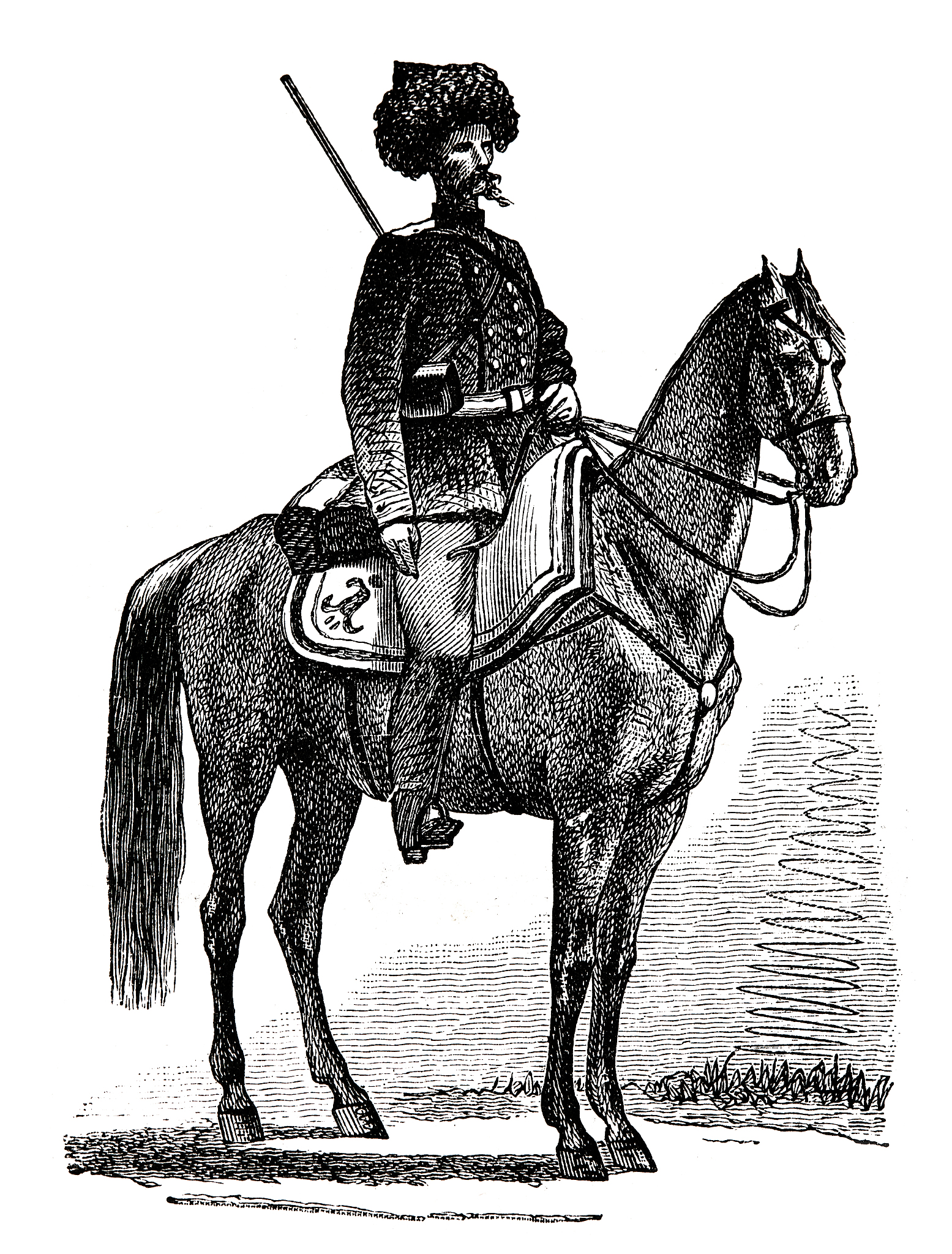 a cossack sitting on horseback, side view