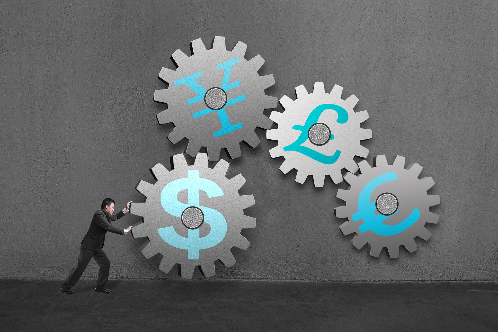 businessman rolling a large gear connect others with money symbo