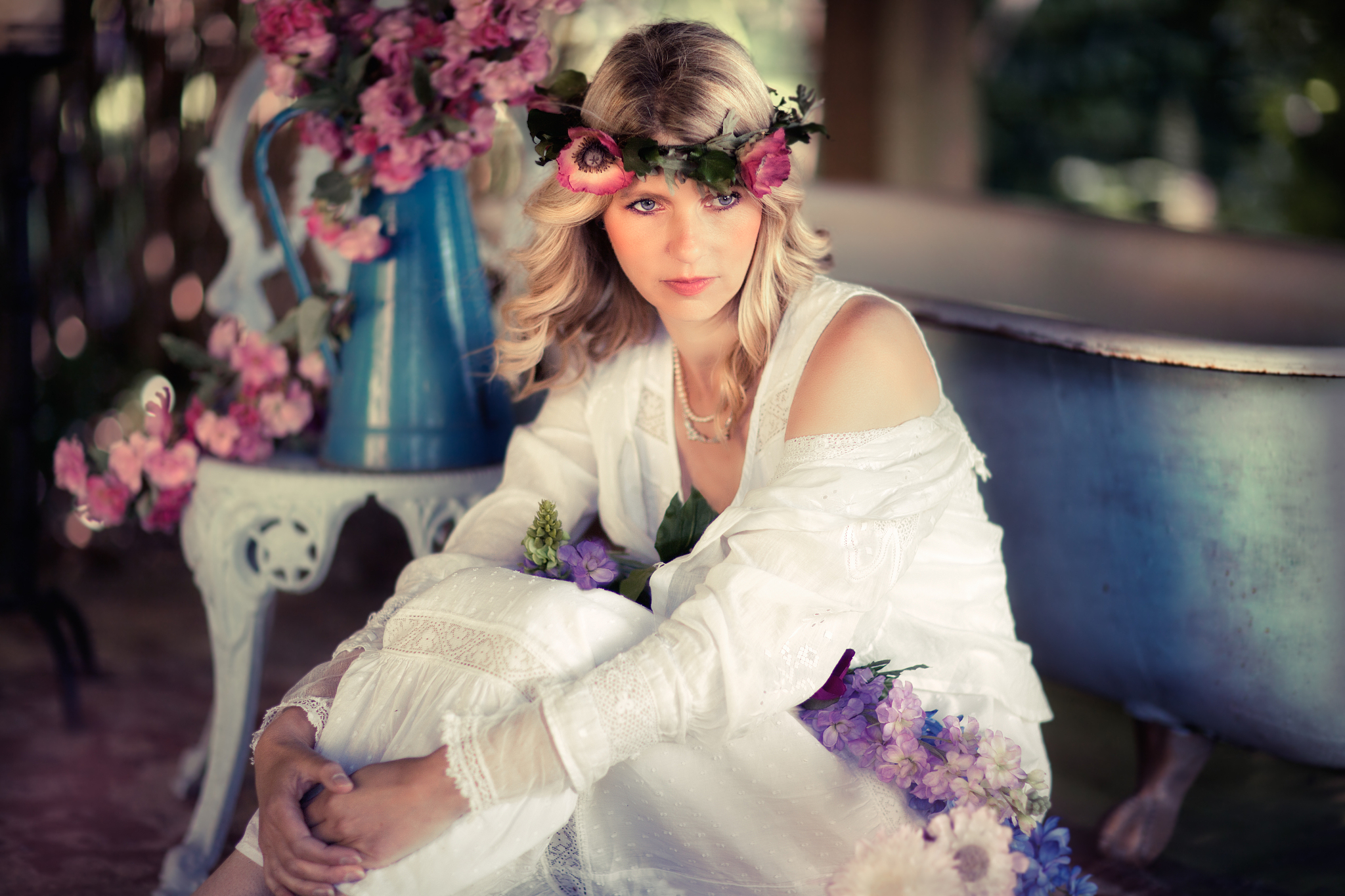 beautiful woman in edwardian lace dress
