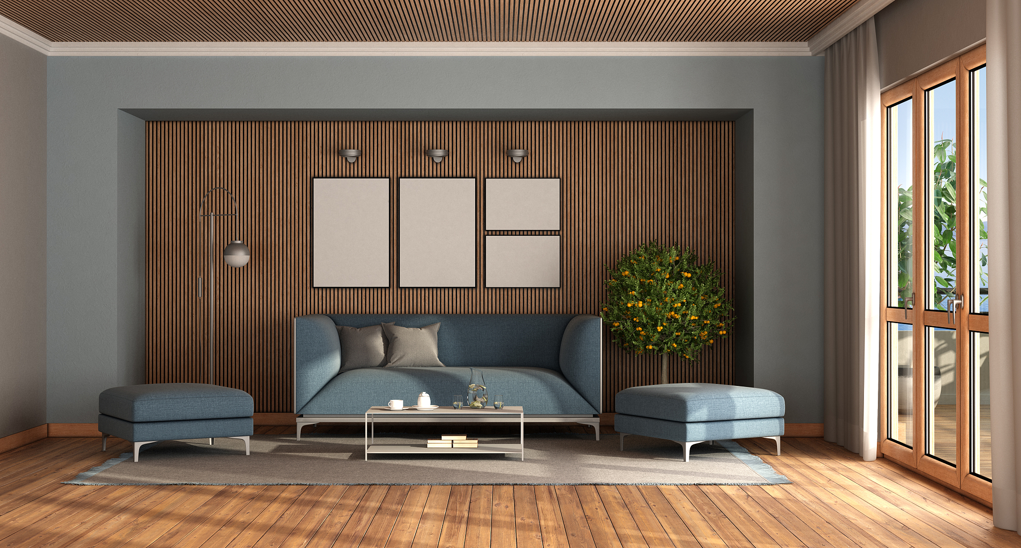 modern living room with elegant blue sofa and footstool