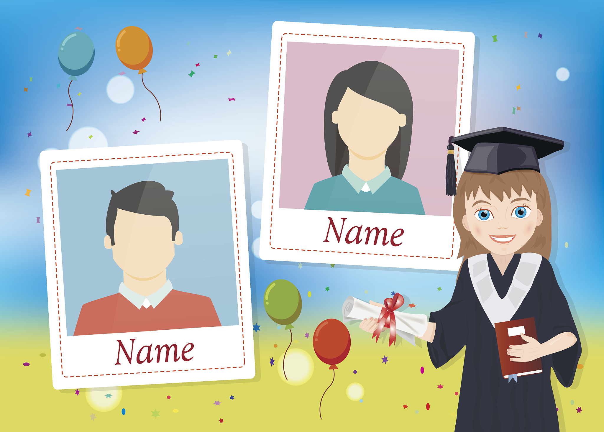 yearbook with graduate schoolgirl and two photos