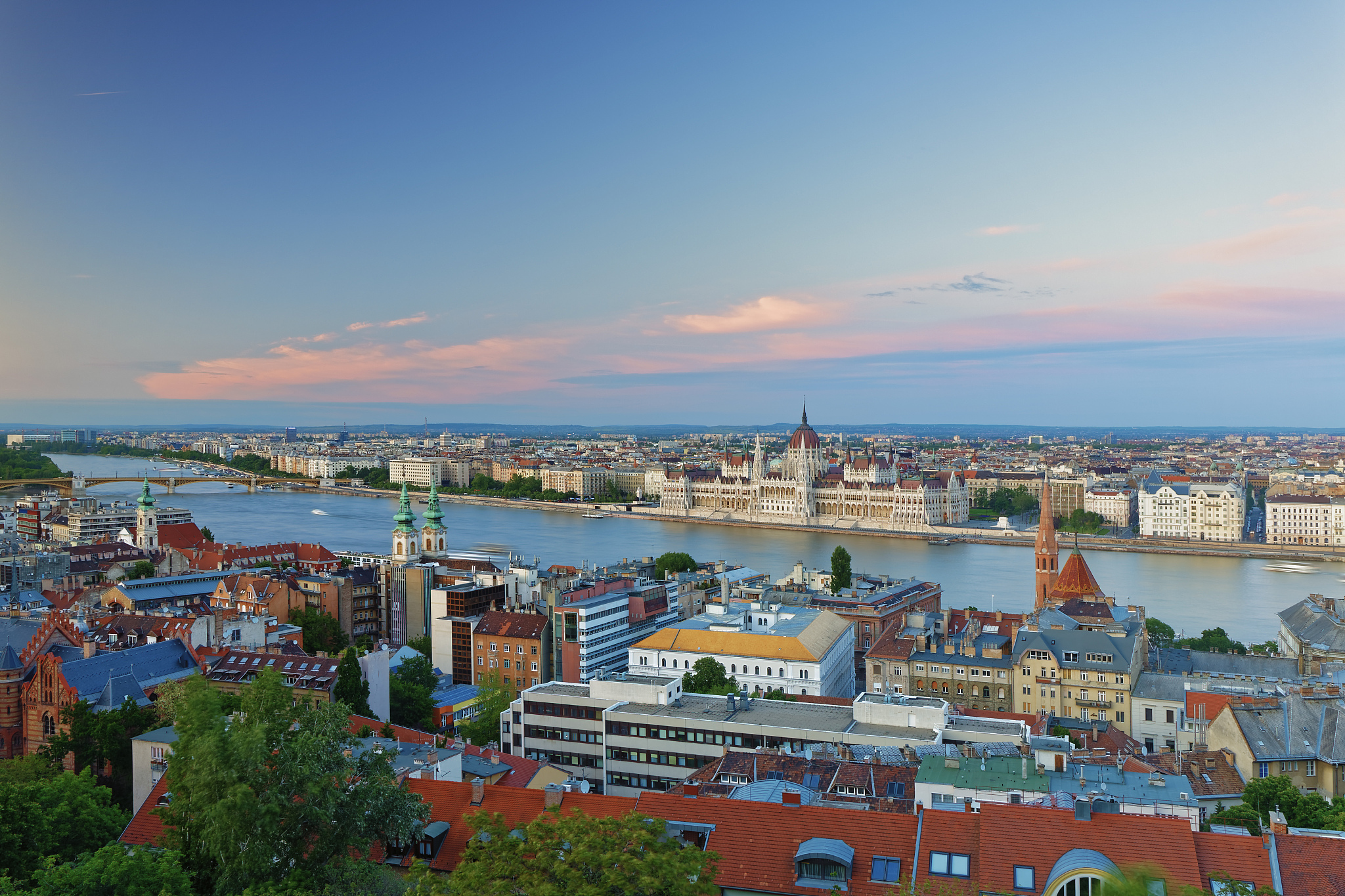 hungary, budapest, view to pest with parliament building and dan