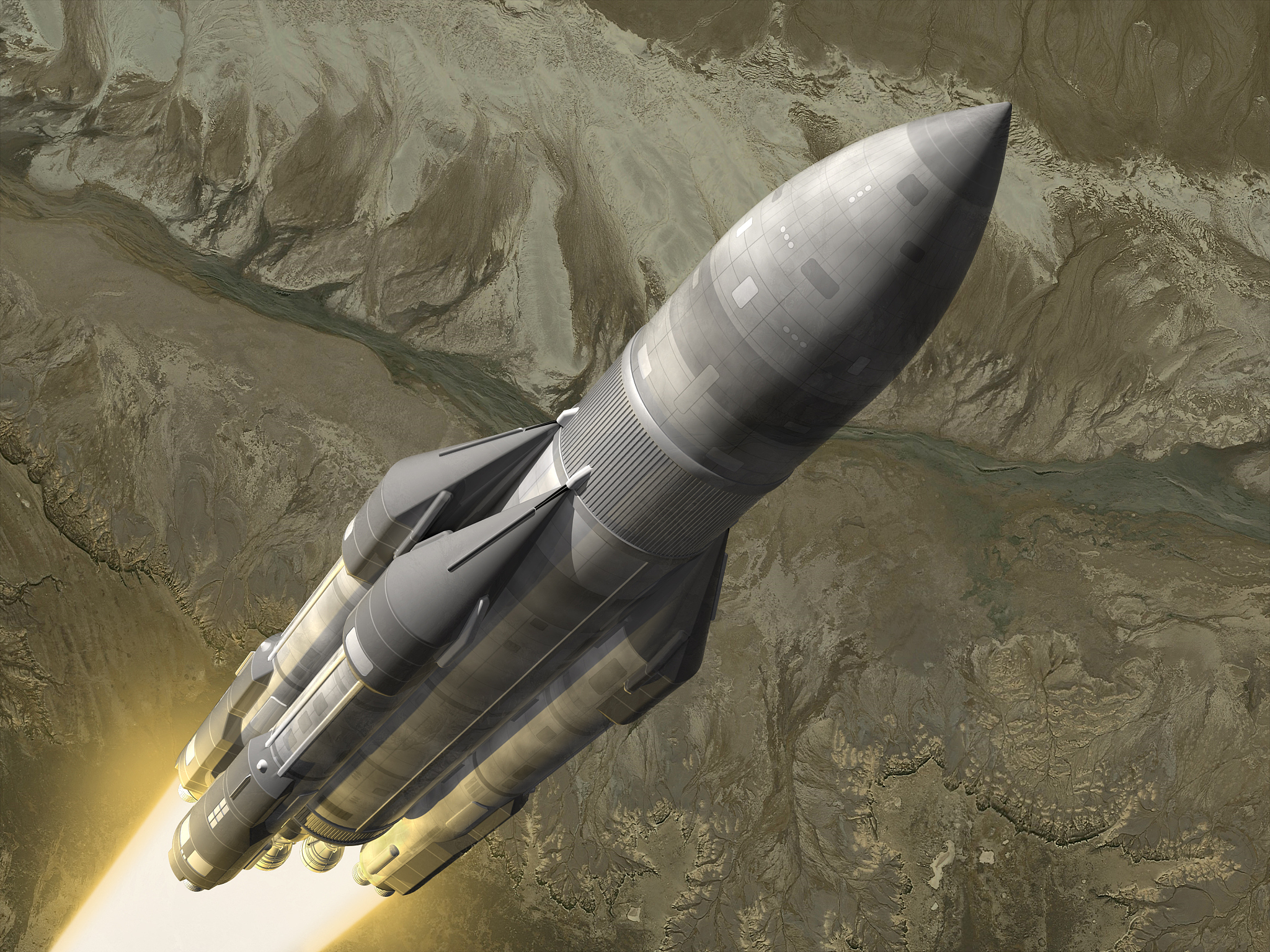 a gray rocket blasting off into space, viewed from above