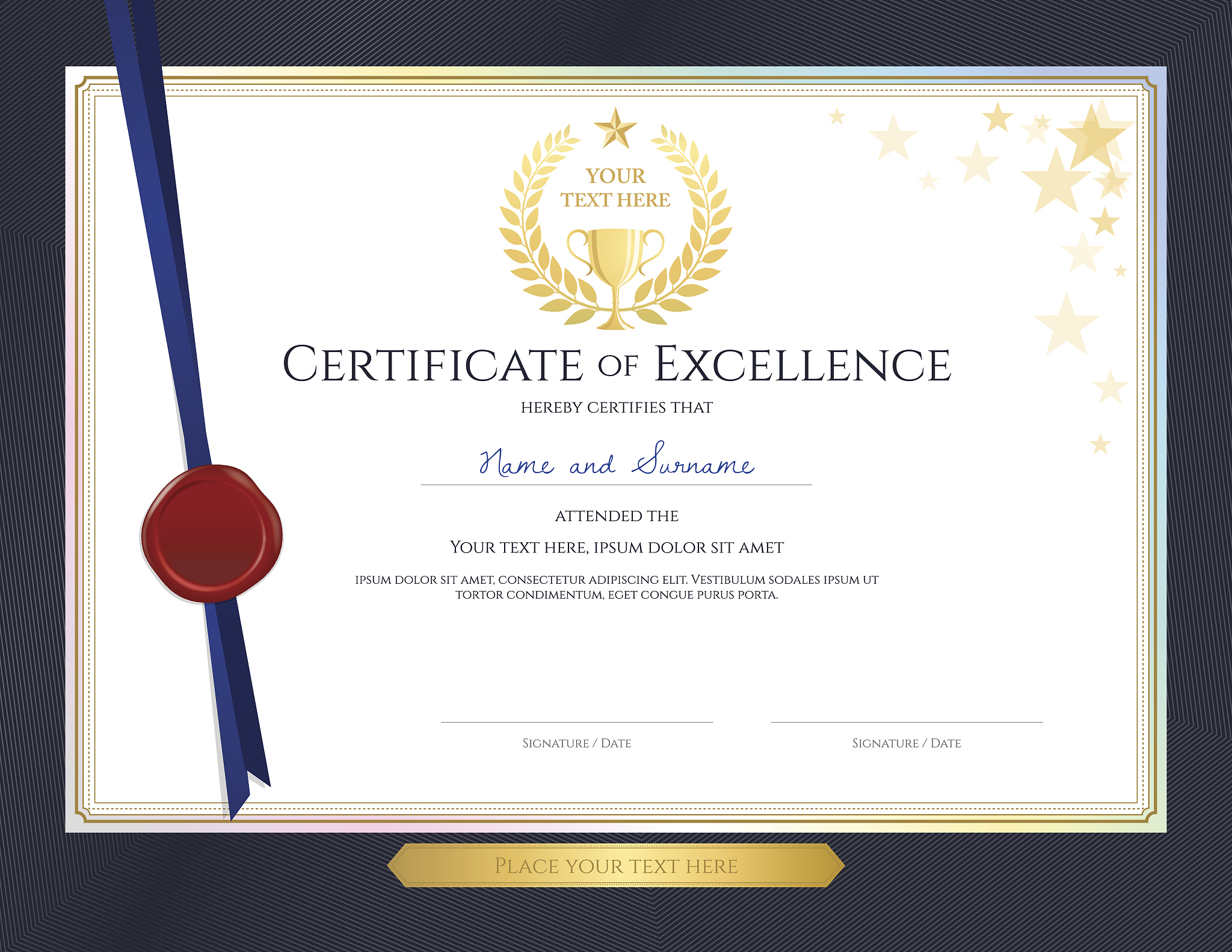 elegant certificate template for excellence, achievement on blue