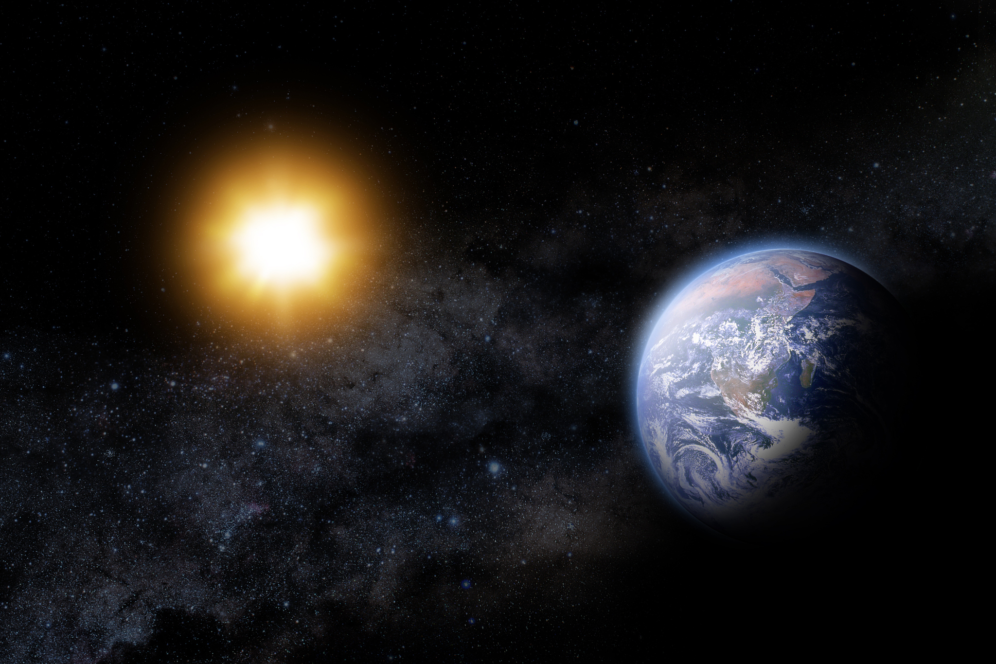 illustration of the sun and earth in space.