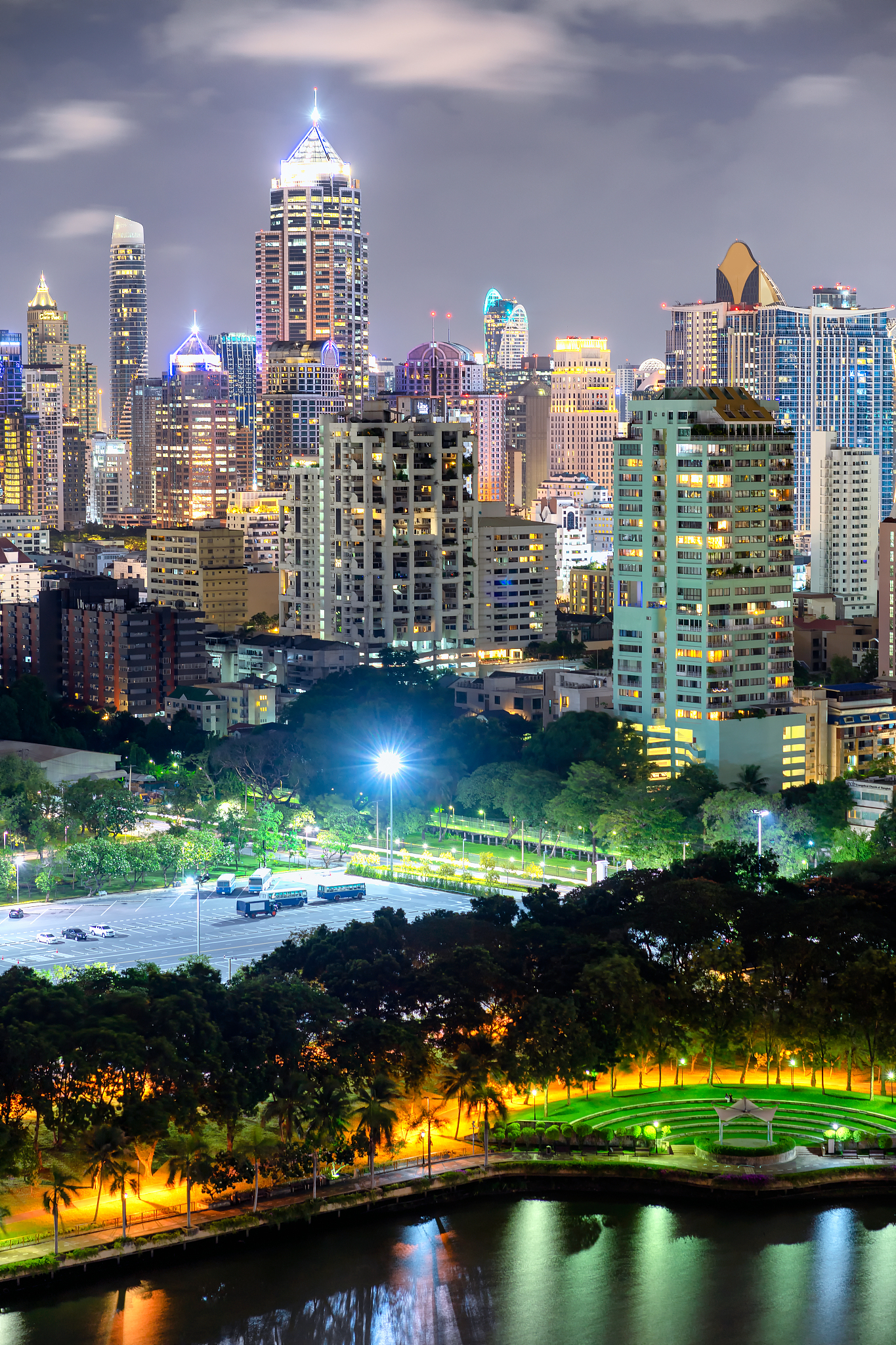 cityscape, many modern building of midtown at night beautiful li