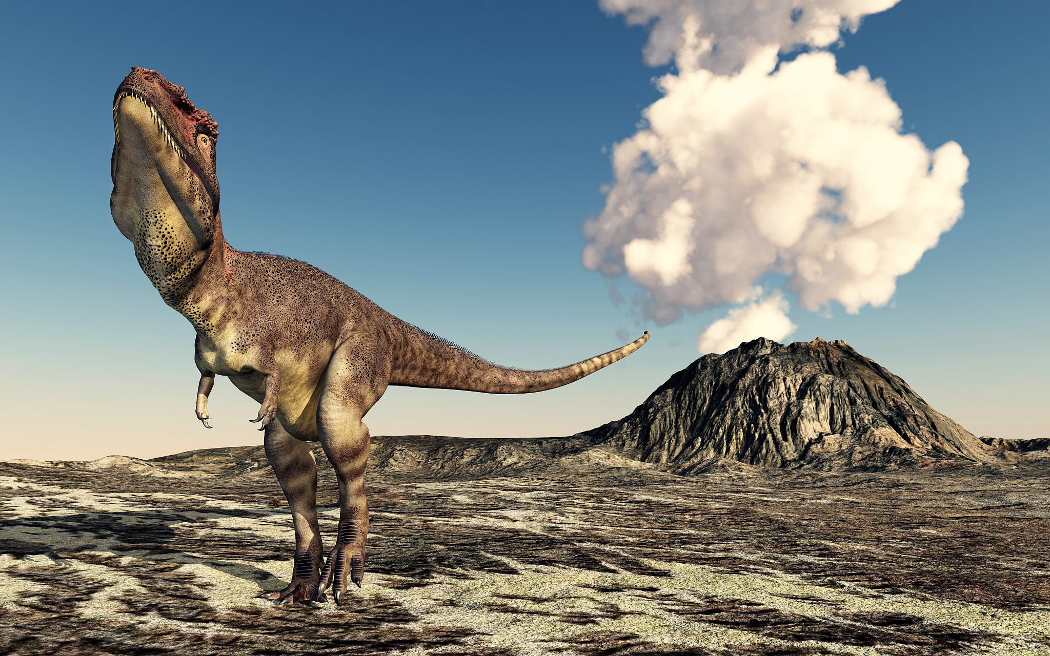 dinosaur mapusaurus and volcano