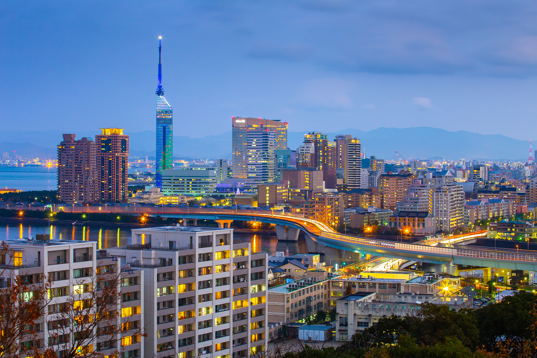 fukuoka cityscape skyline at night in fukuoka prefecture, japan