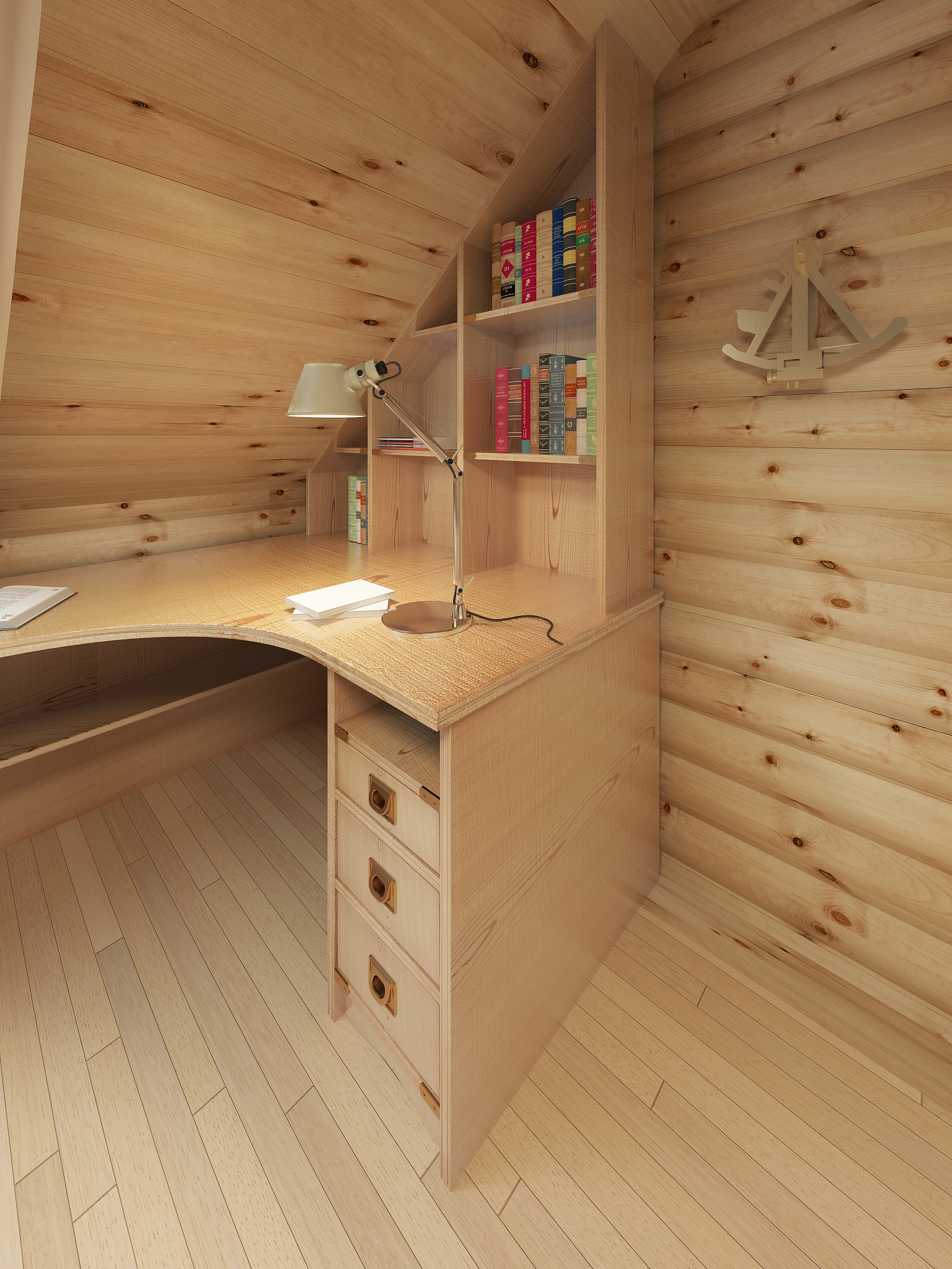 阁楼式书房家具设计：木人桩挂衣架、鼓式凳子和树叶书桌