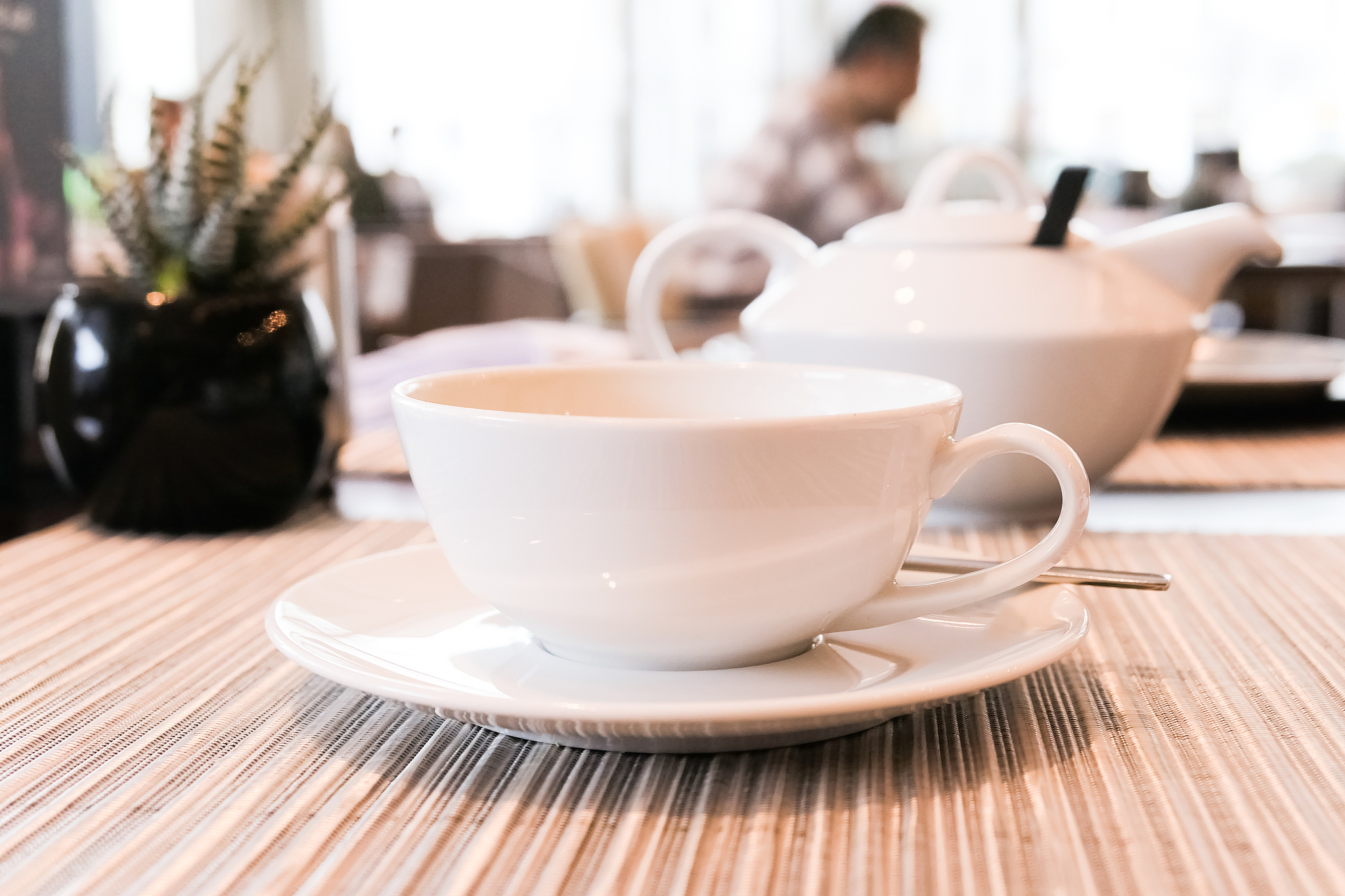 green herbal tea in a restaurant, five o'clock