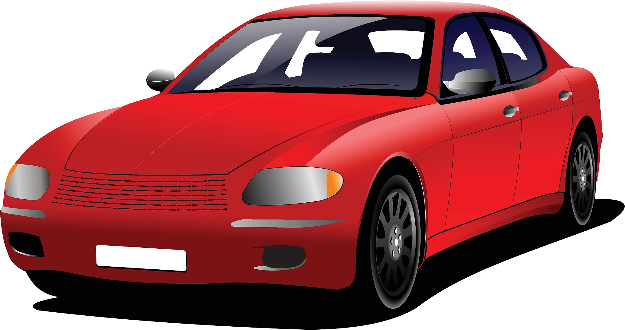 red car sedan on the road. colored vector illustration.