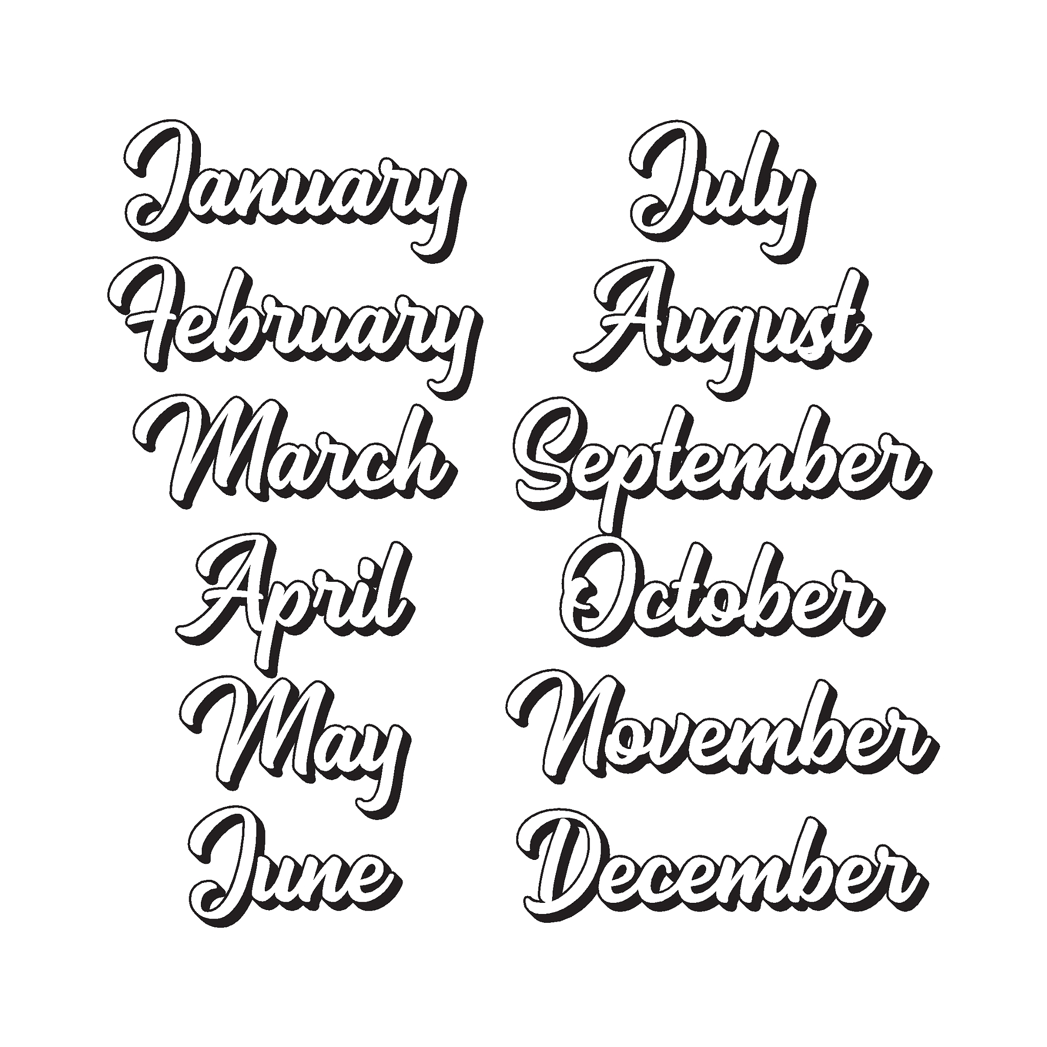 hand lettered months of the year set. calligraphy words january,