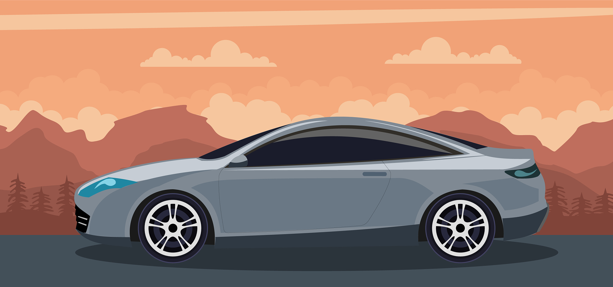 gray modern car background on a sunset