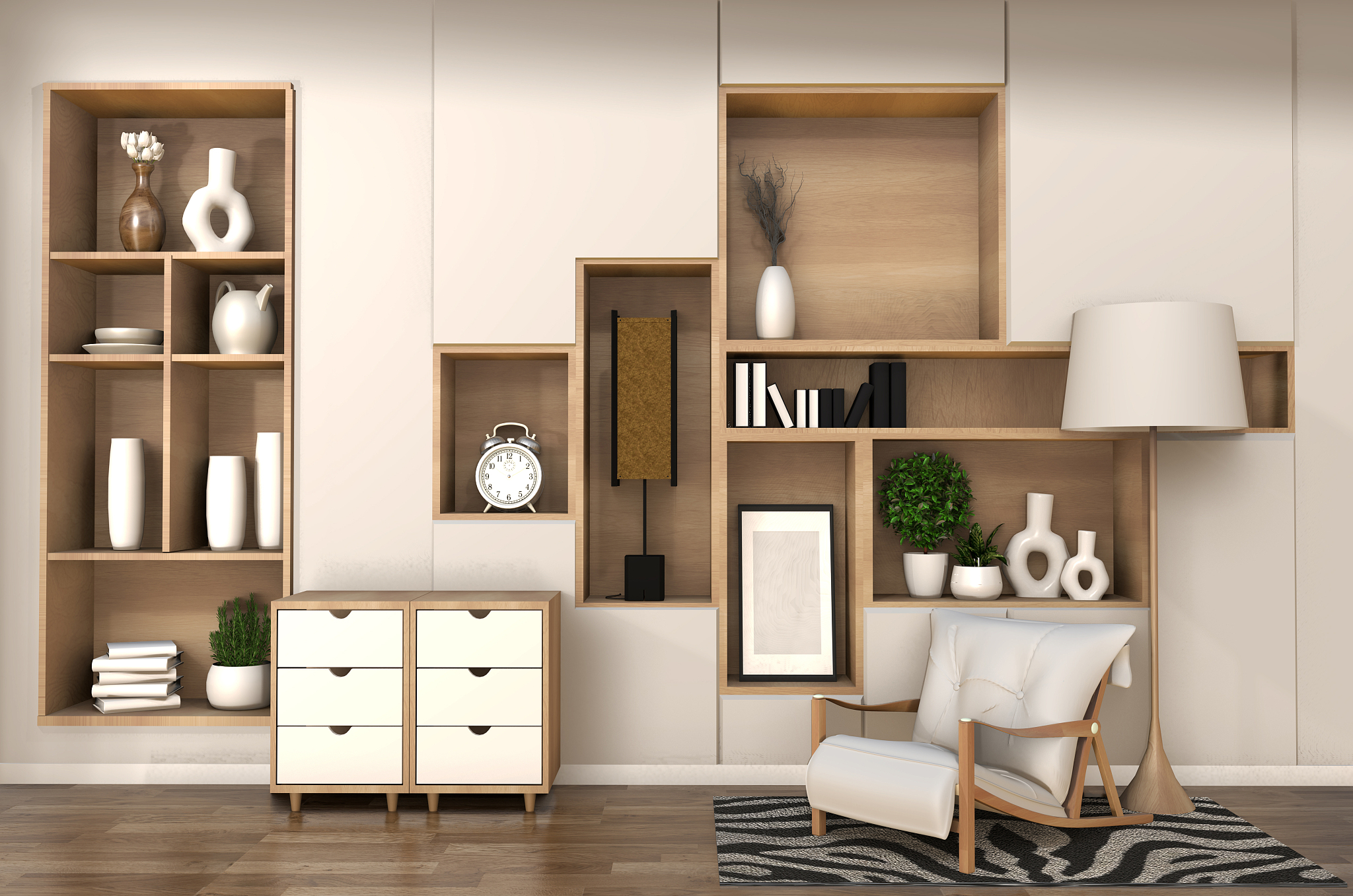 wooden cabinet on room shelf wall minimalist and japanese interi