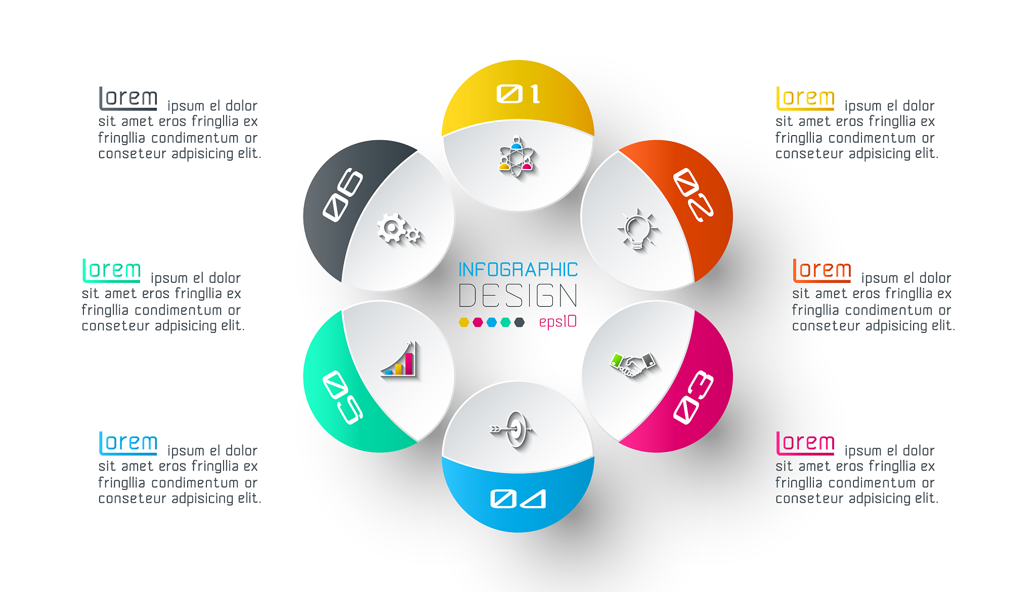 six circles with business icon infographics
