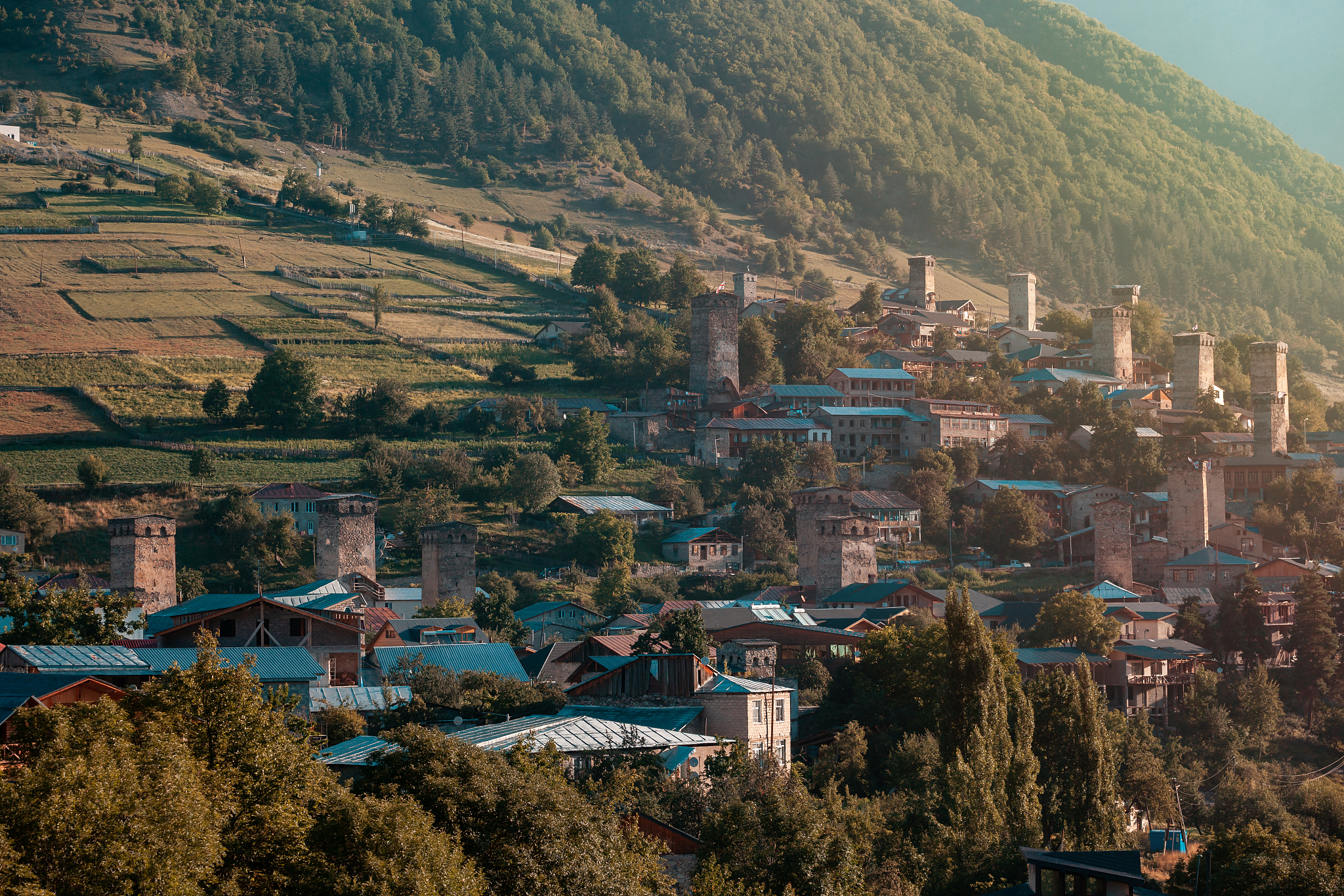 areal view of beautiful old village mestia with its svan towers.