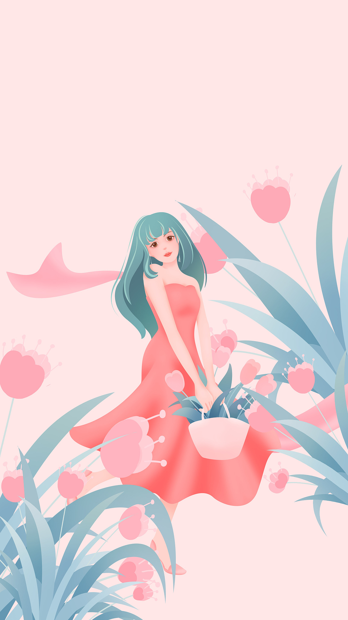 女生节花丛中的鲜花与提着花篮 的长发少女手绘插画