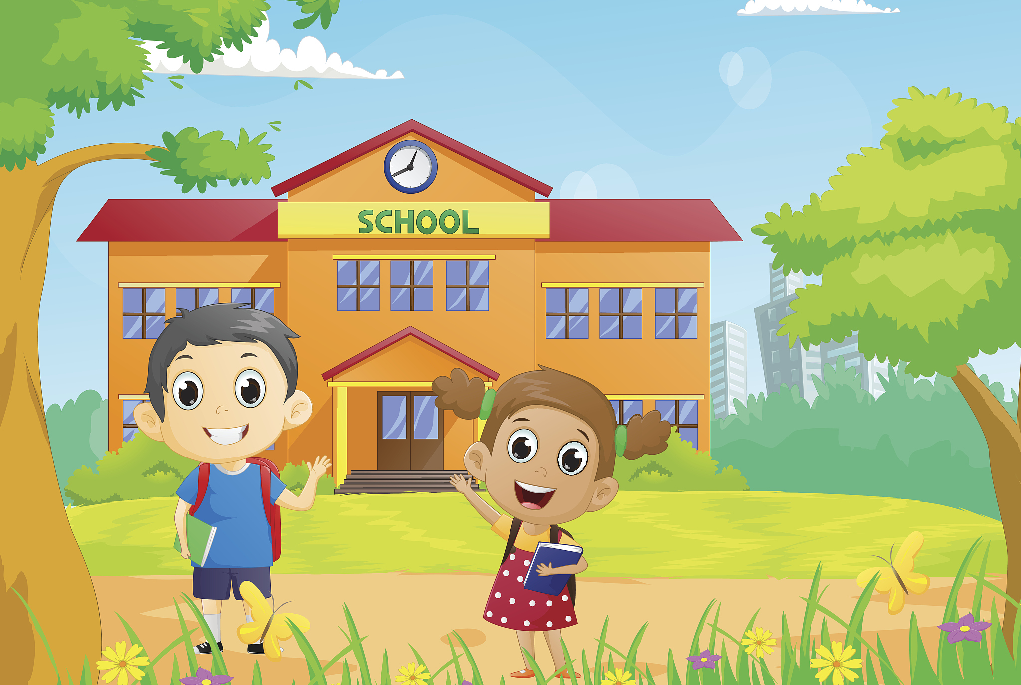 happy school children in front of the school building
