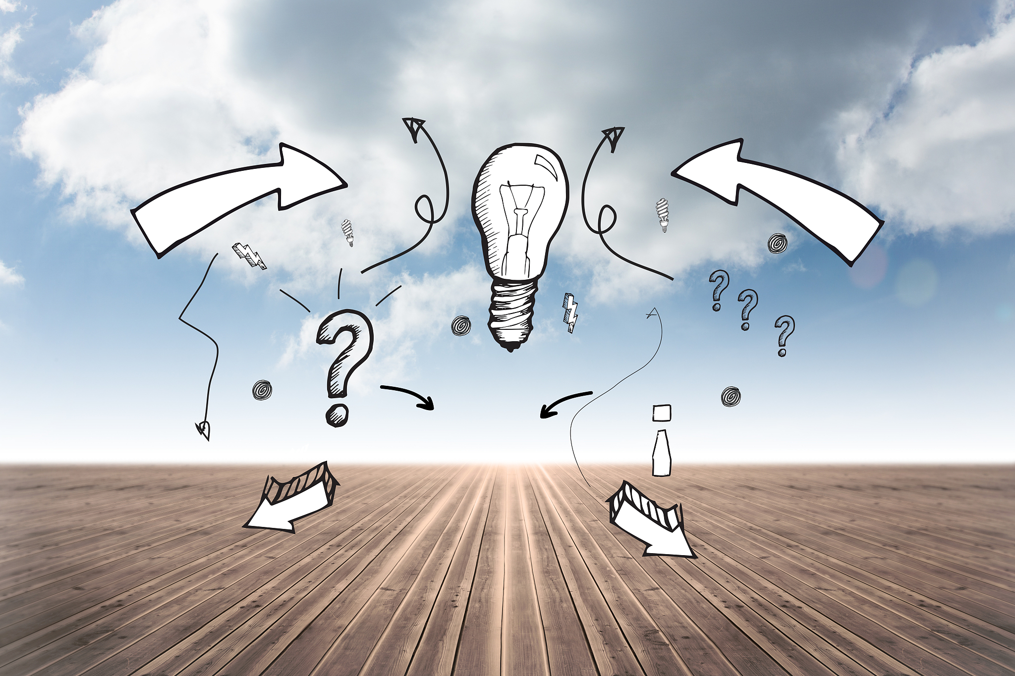 idea doodle with arrows against cloudy sky background