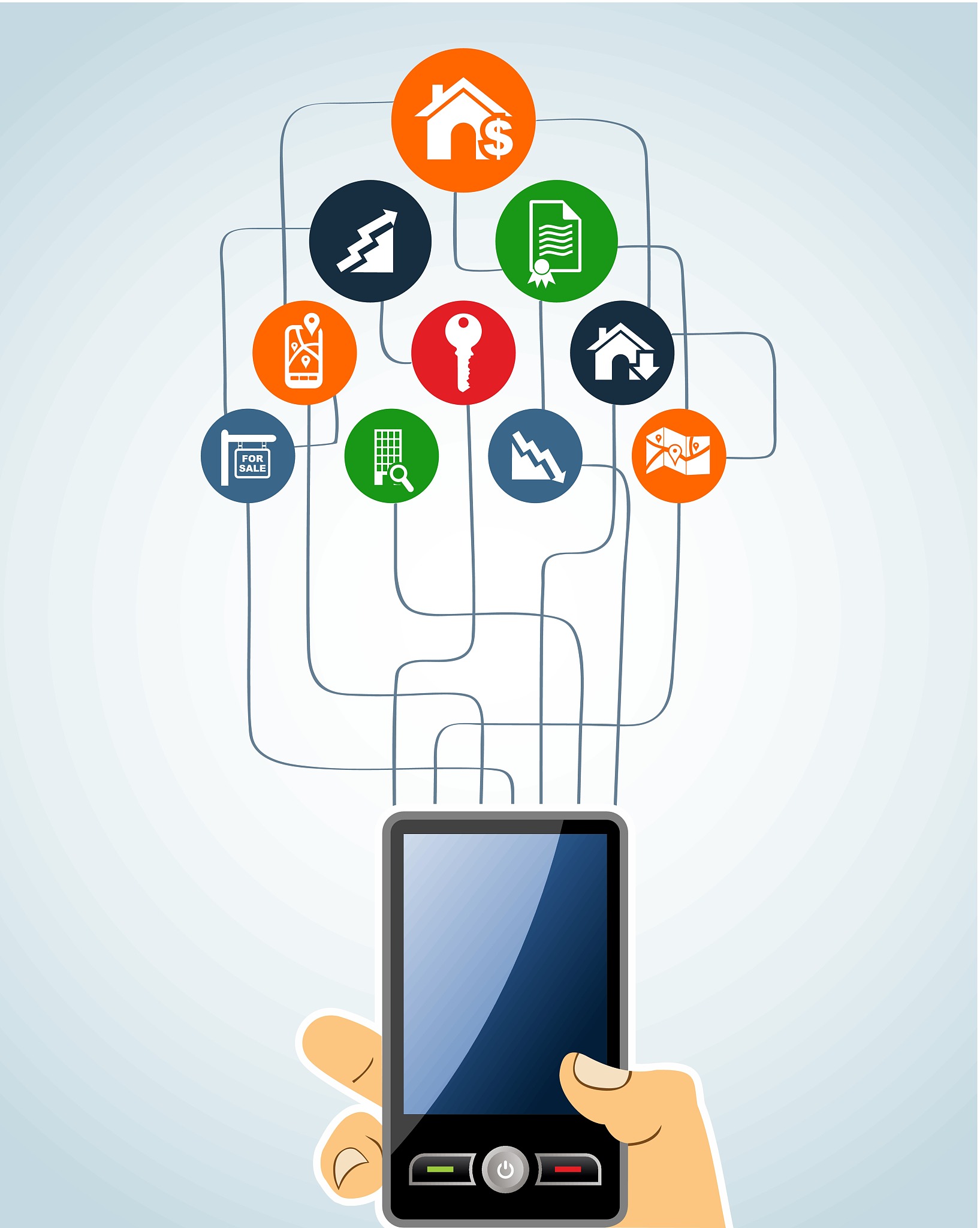 real estate icons human hand holds a smartphone.