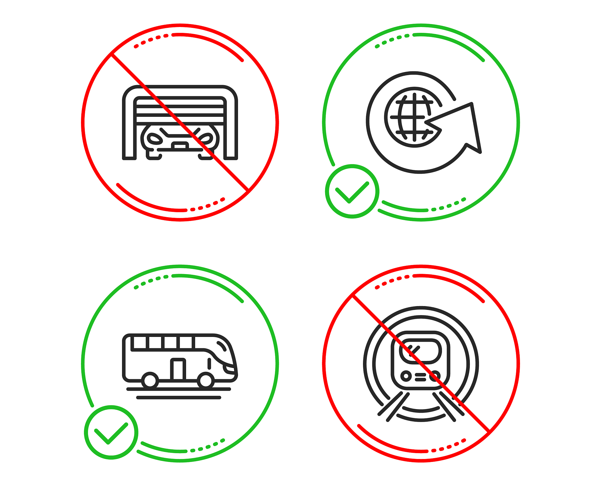 world globe bus tour and parking garage icons set