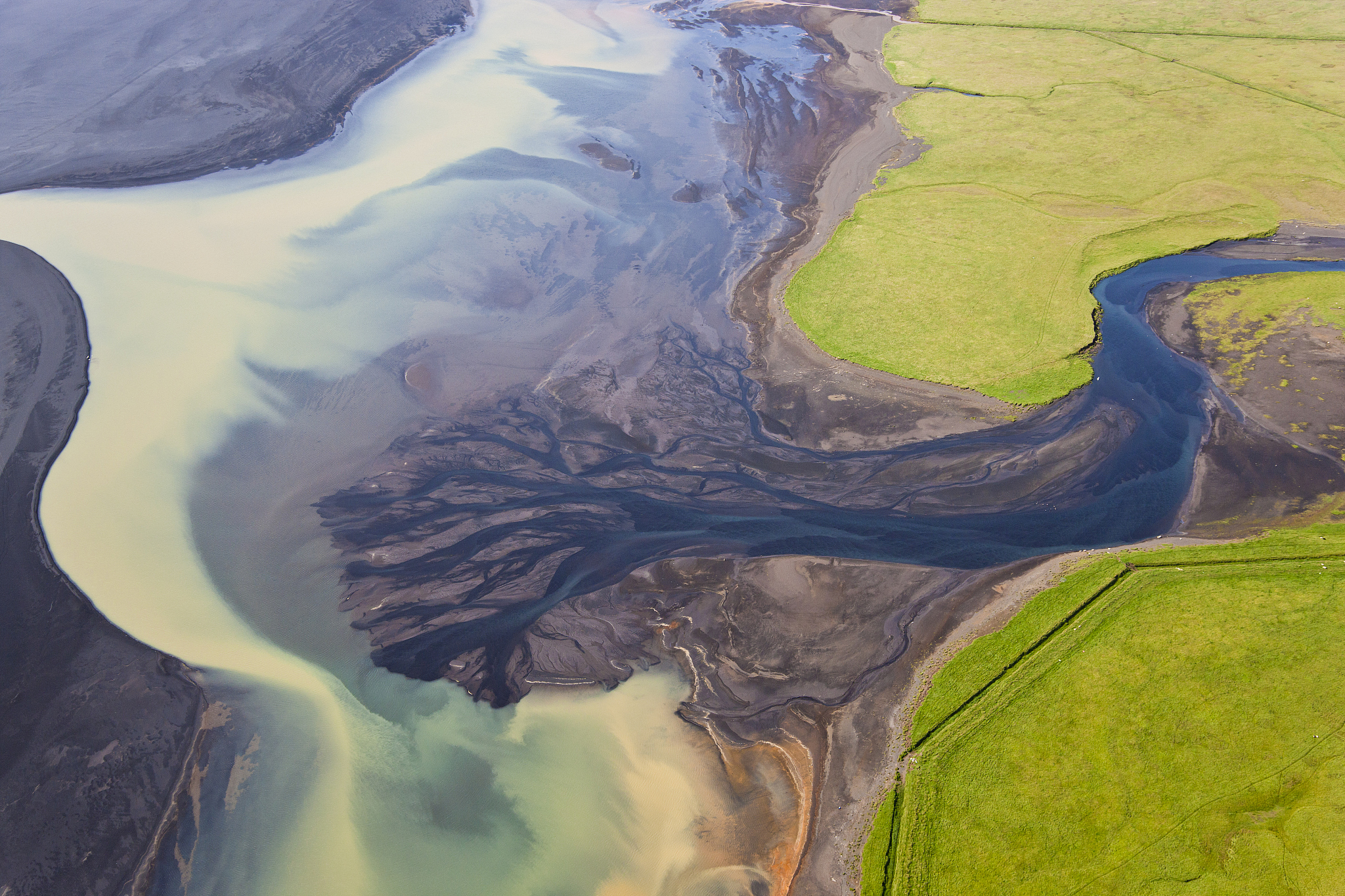 aerial view of river estuary or delta,iceland