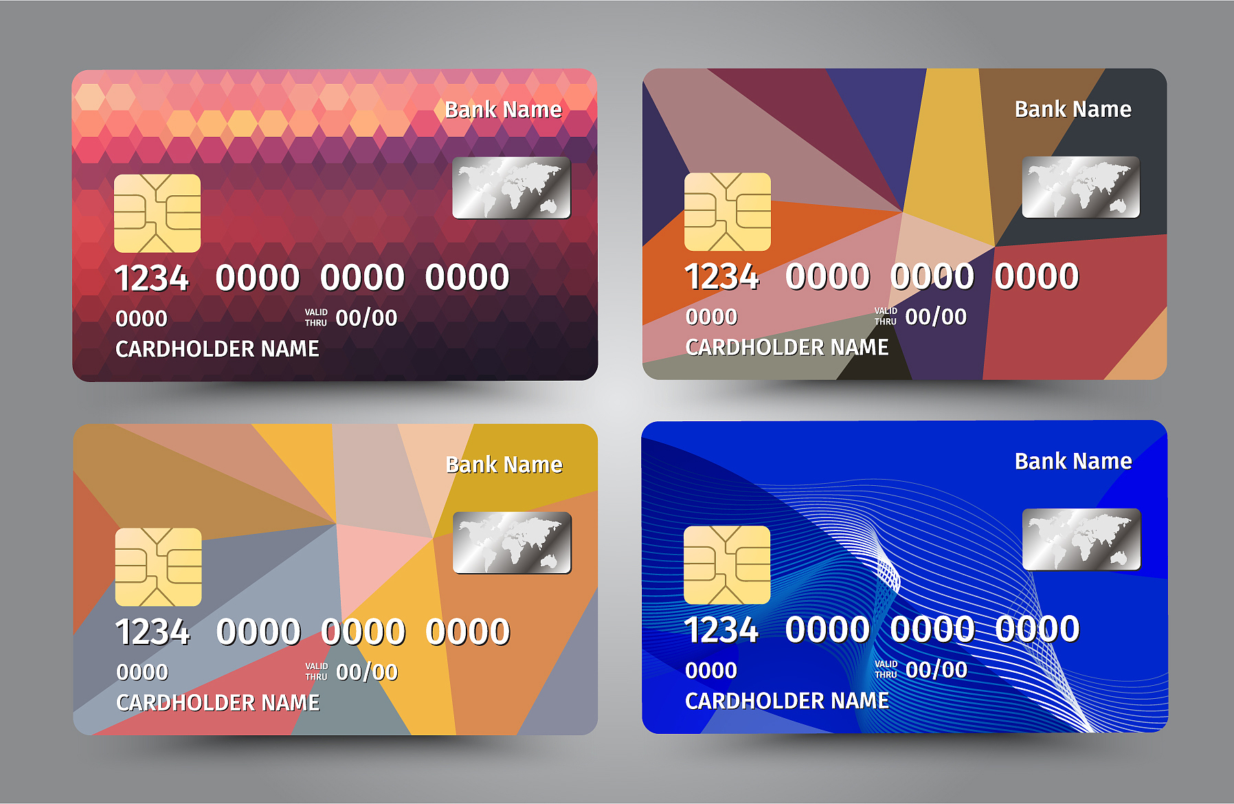 realistic detailed credit cards set with colorful