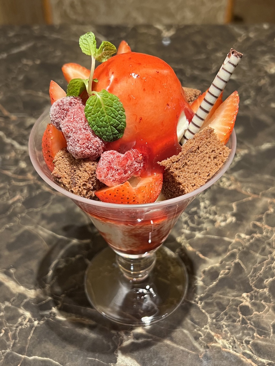 一个俯拍装在白色碗里的桑葚冰淇淋冰淇淋是紫红色上面有桑葚无任何背景这段话用英语地道的表达出来