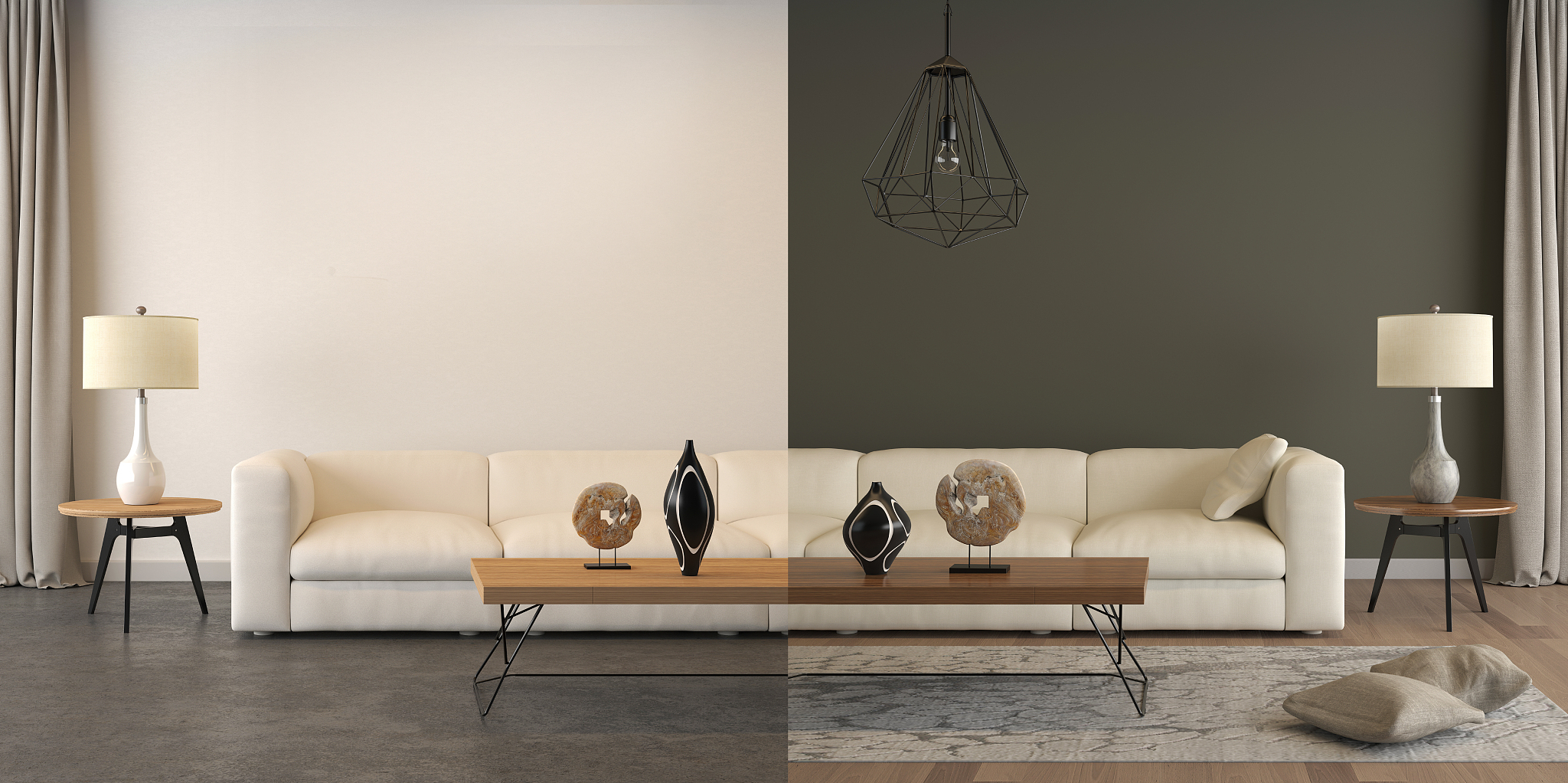 before and after, living room interior comparison, light vs dark