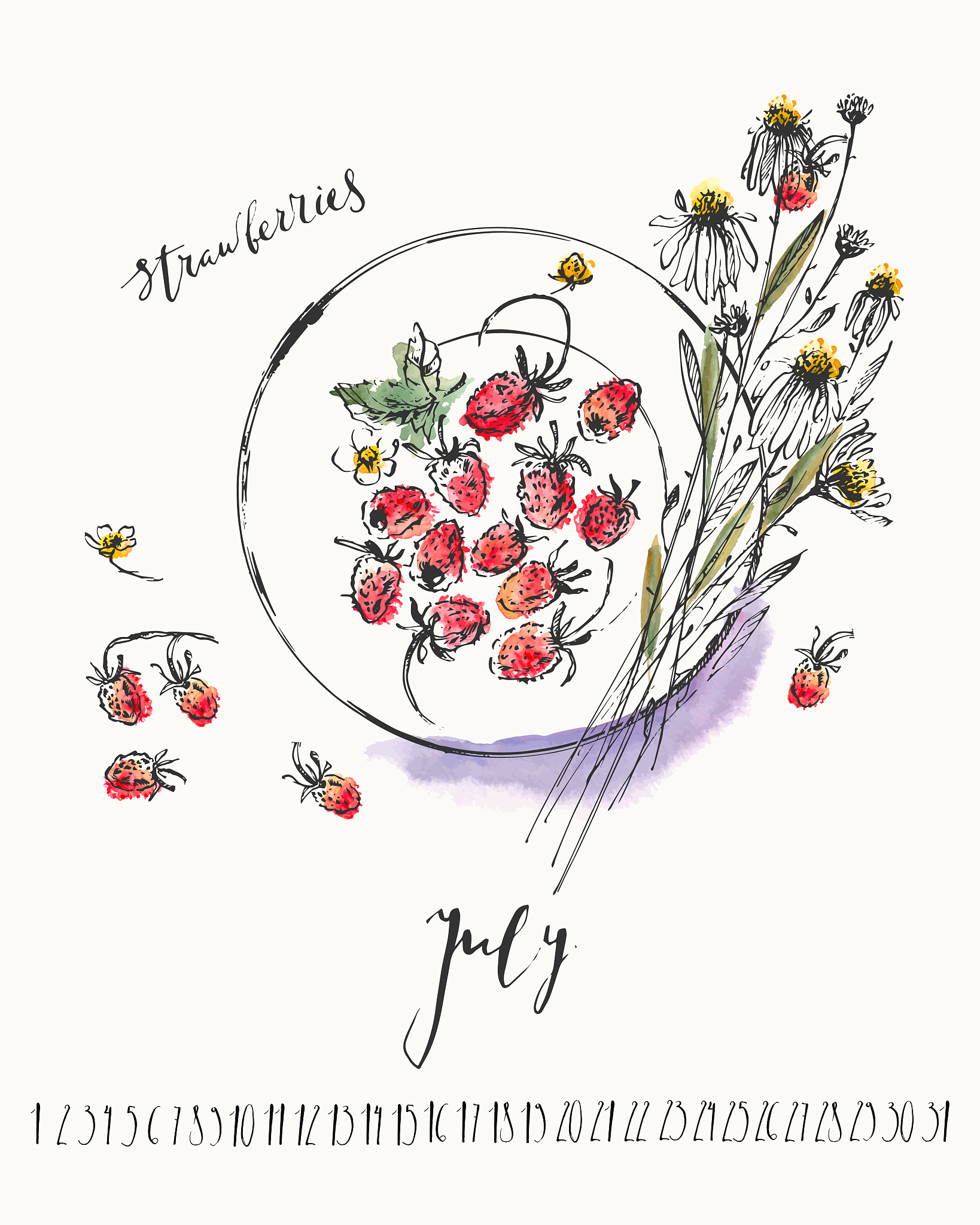 july calendar with ink calligraphy elements and wild strawberrie