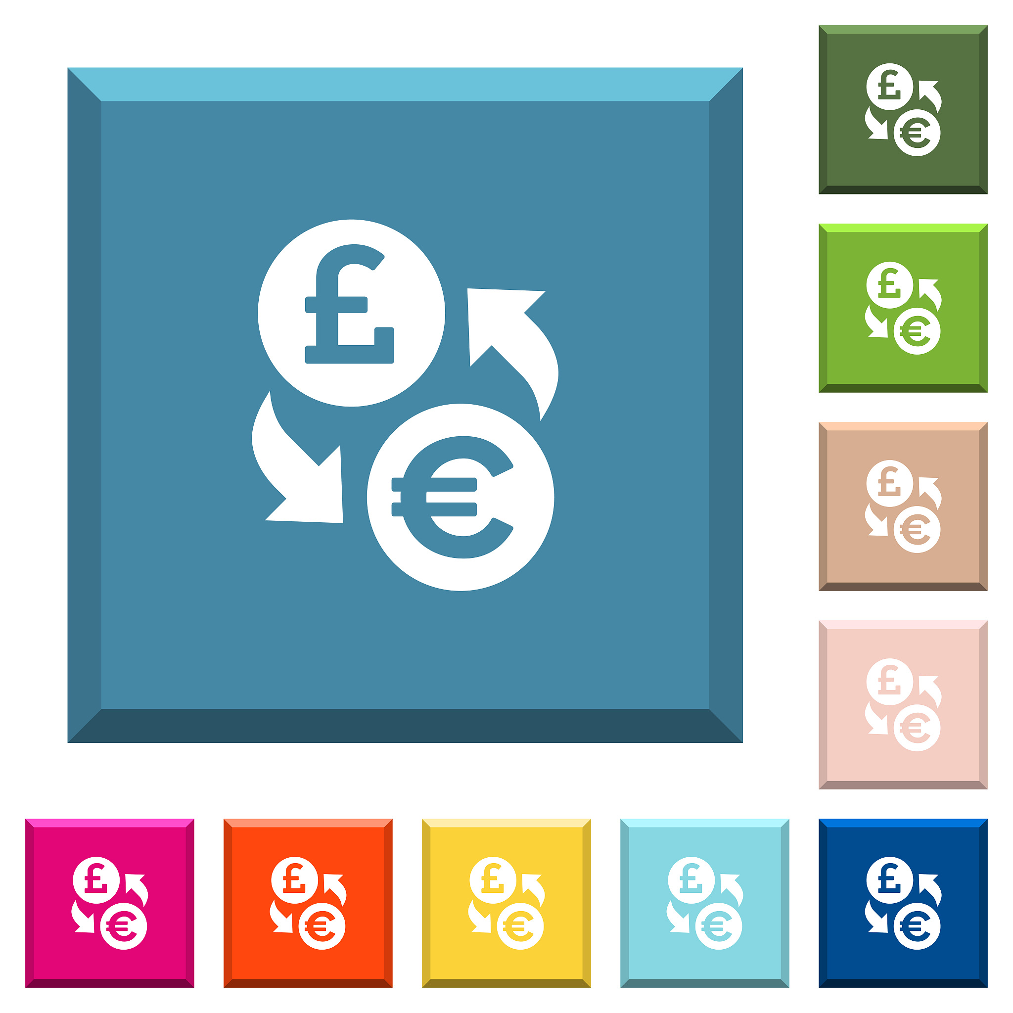 pound euro money exchange white icons on edged square buttons