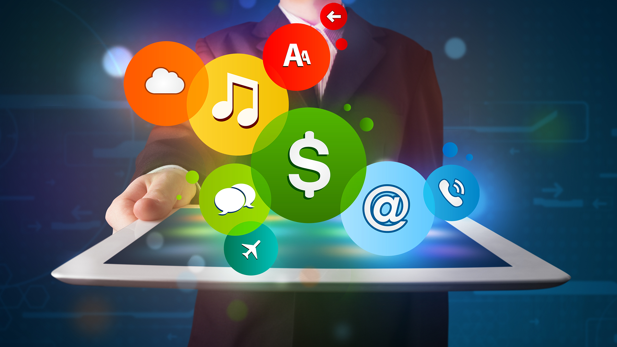 businessman presenting colorful modern signs