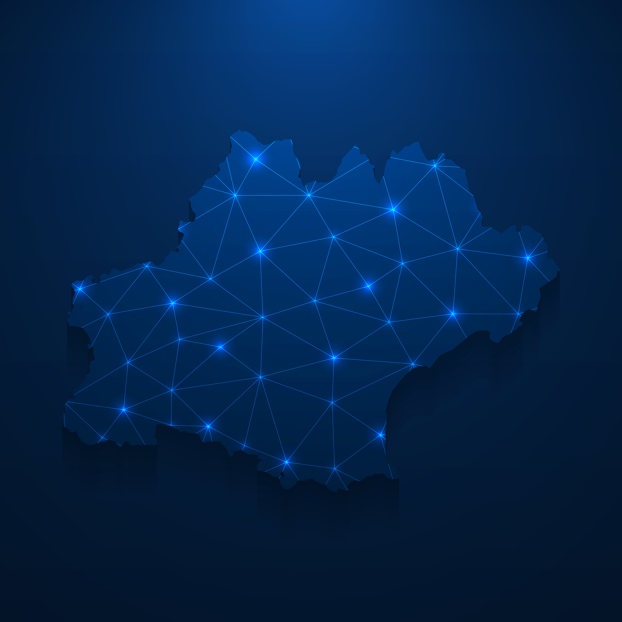 occitany map network - bright mesh on dark blue background