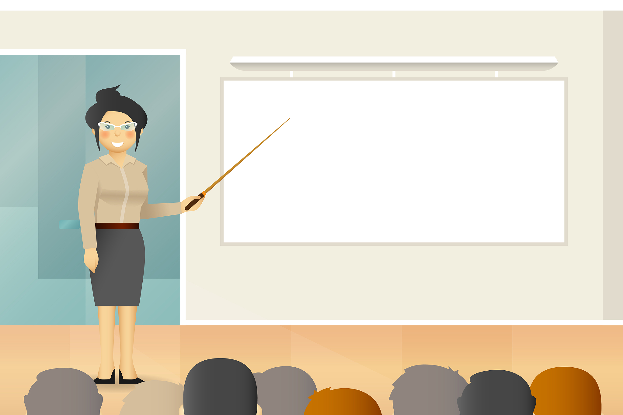 vector woman teacher character standing near whiteboard in class