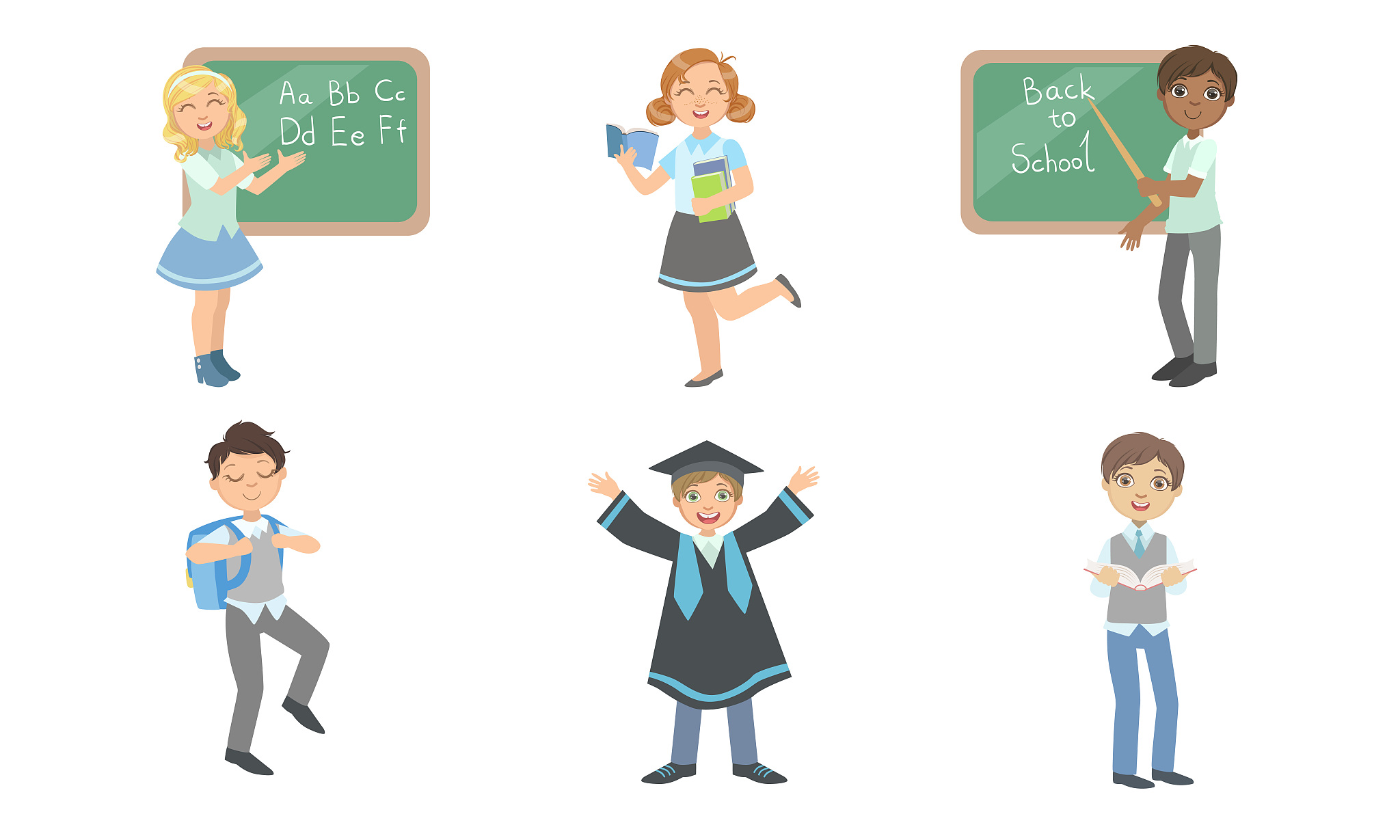 set of images of boys and girls at school. vector illustration